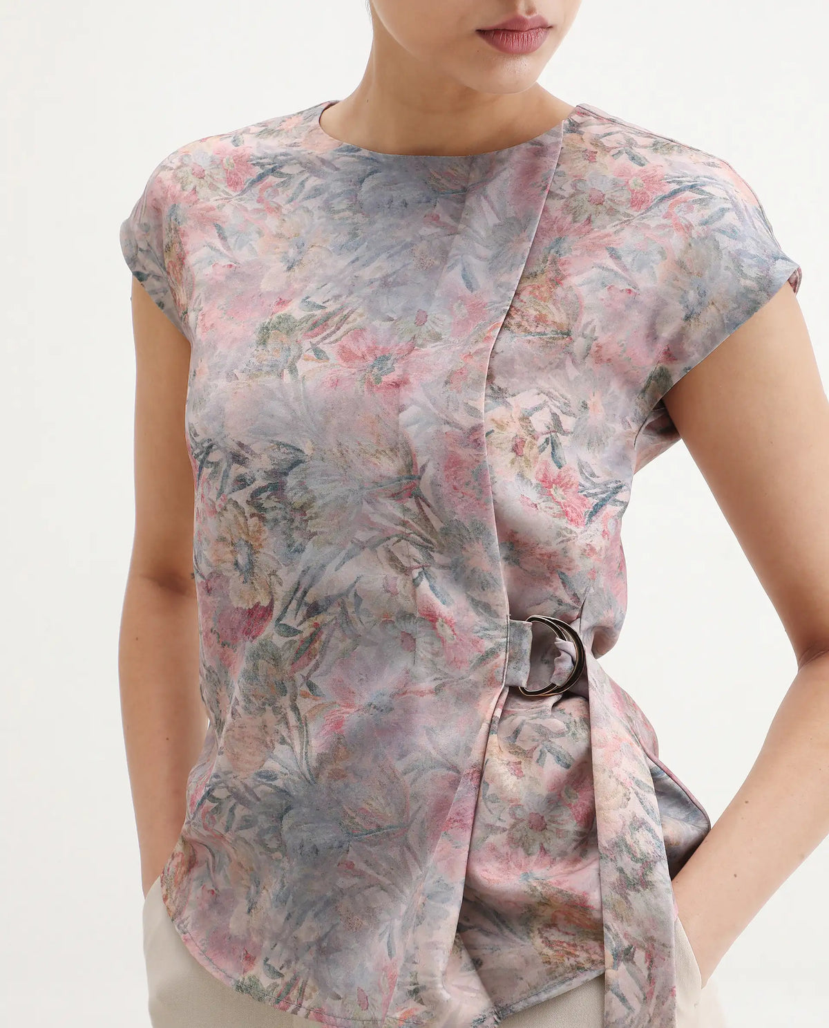 Rareism Women's Marsin Light Multi Polyester Crew Neck Regular Abstract Print Top