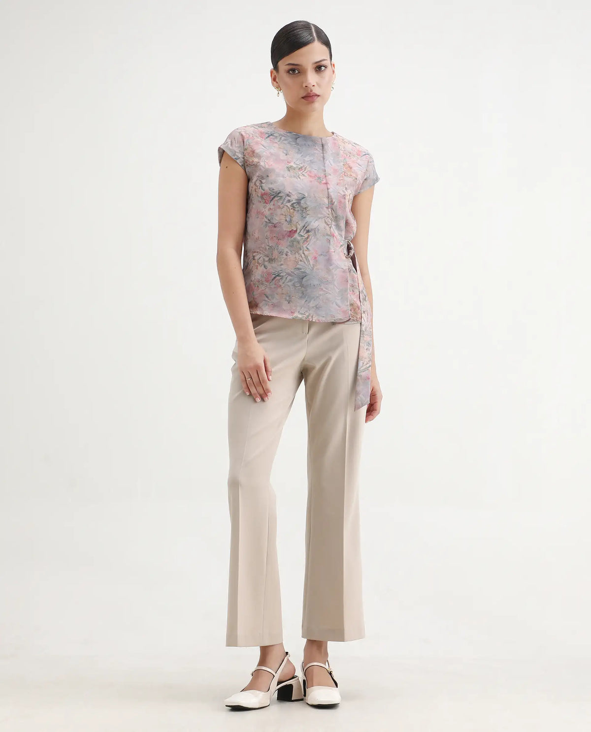 Rareism Women's Marsin Light Multi Polyester Crew Neck Regular Abstract Print Top