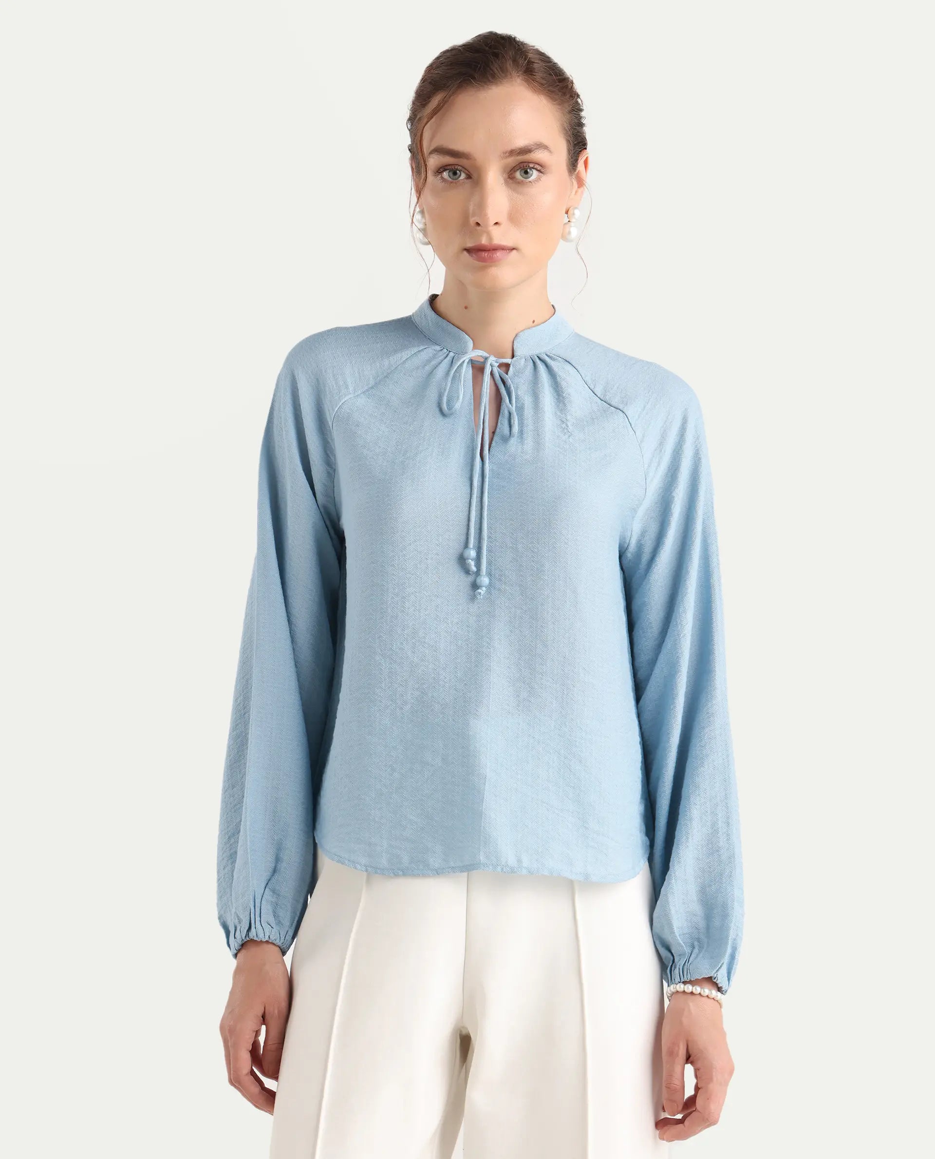 Rareism Women's Markino Dusky Blue Nylon Blend Tie-Up Relaxed Plain Top