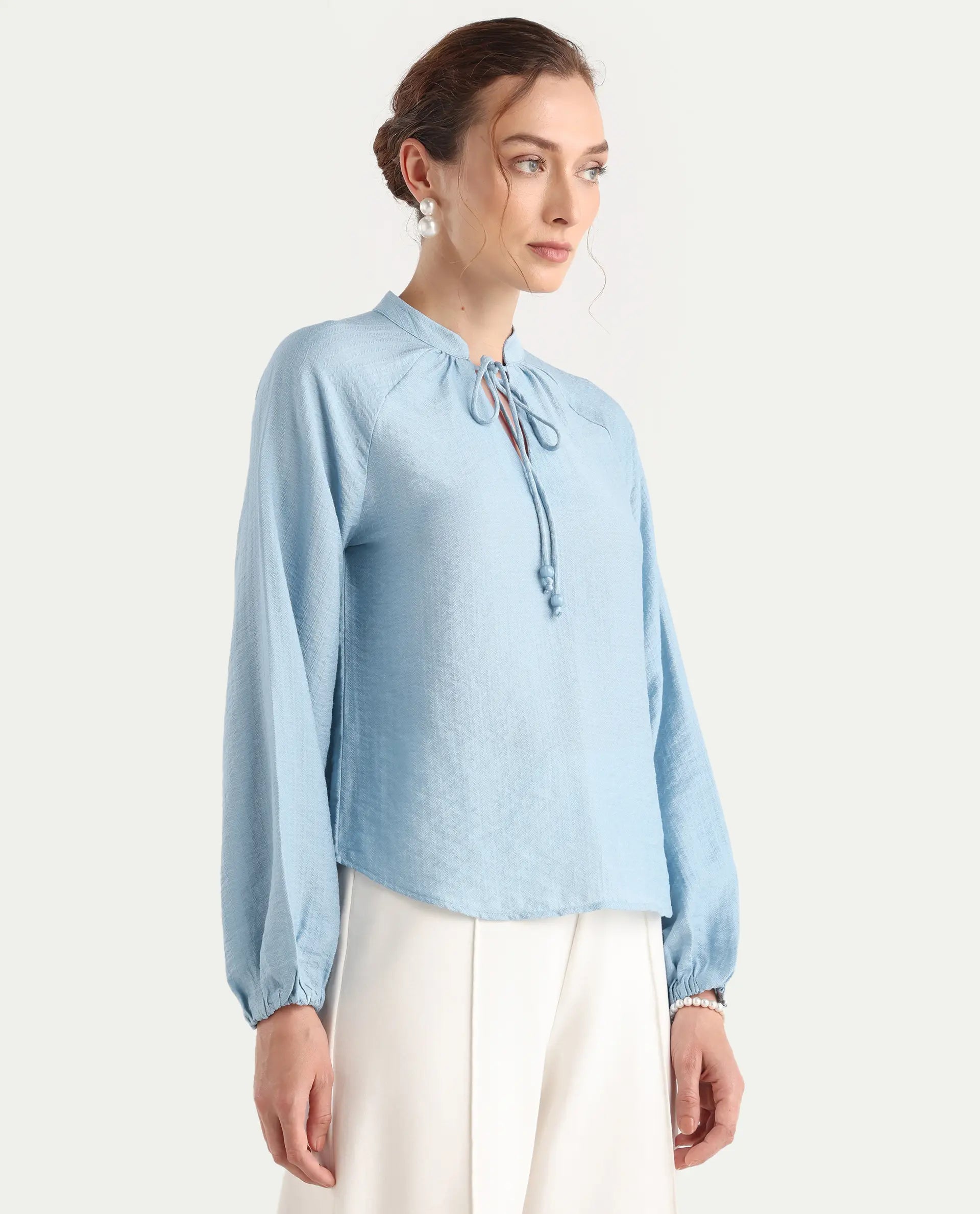 Rareism Women's Markino Dusky Blue Nylon Blend Tie-Up Relaxed Plain Top