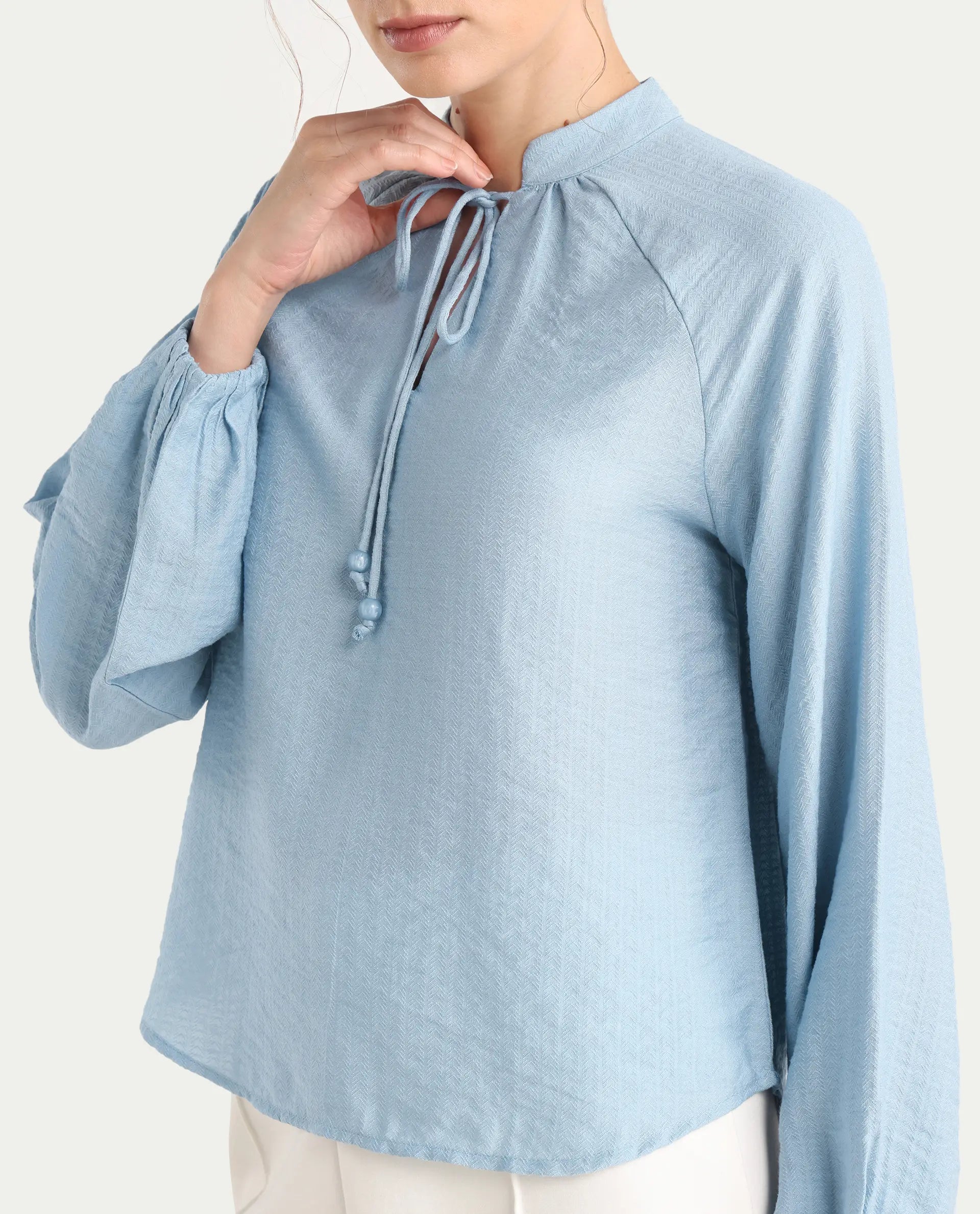 Rareism Women's Markino Dusky Blue Nylon Blend Tie-Up Relaxed Plain Top