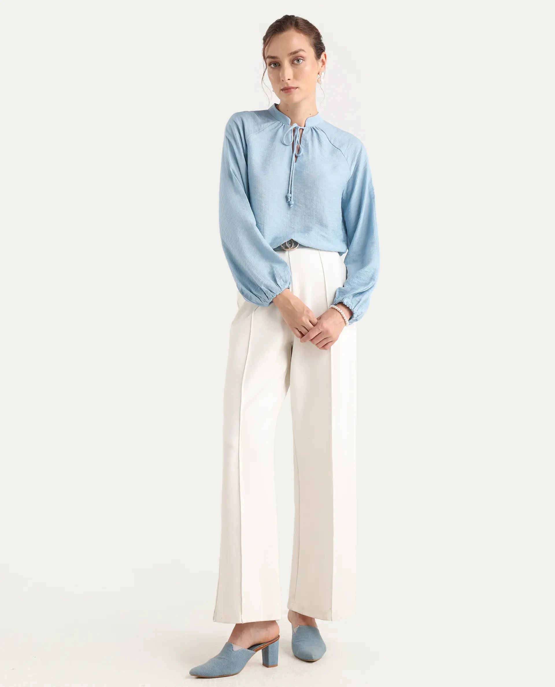 Rareism Women's Markino Dusky Blue Nylon Blend Tie-Up Relaxed Plain Top