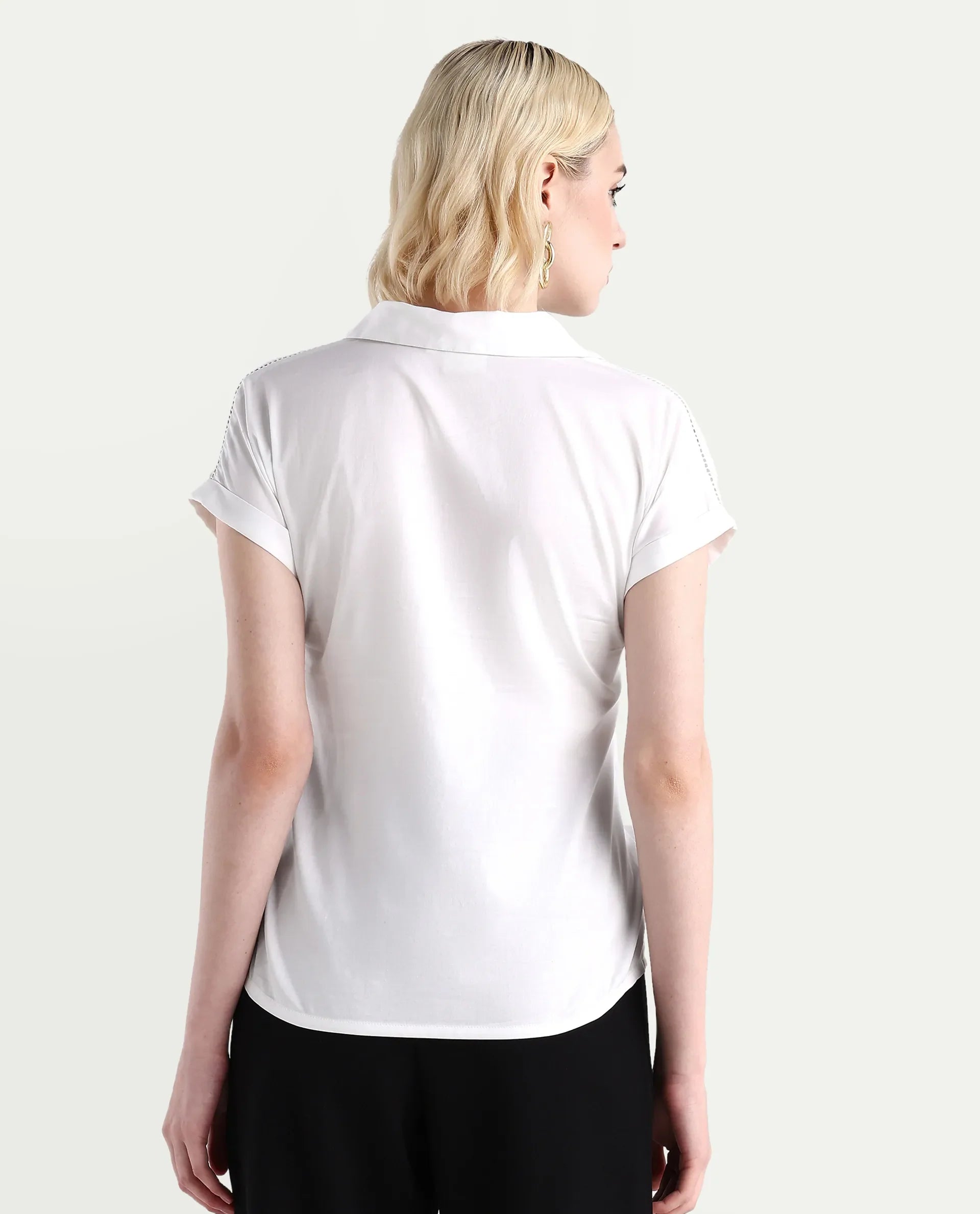 Rareism Women's Marlin White Cotton Jonny Collar Boxy Fit Top