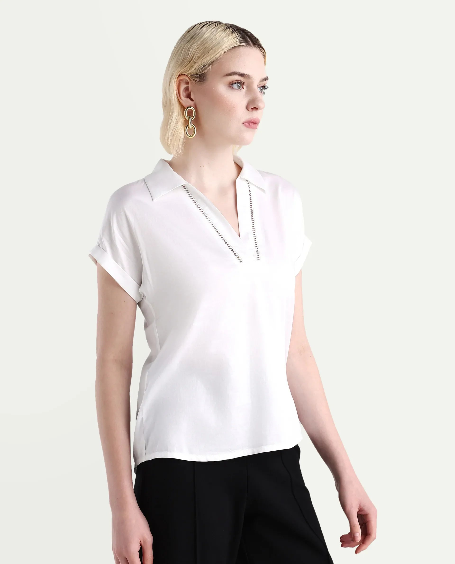 Rareism Women's Marlin White Cotton Jonny Collar Boxy Fit Top