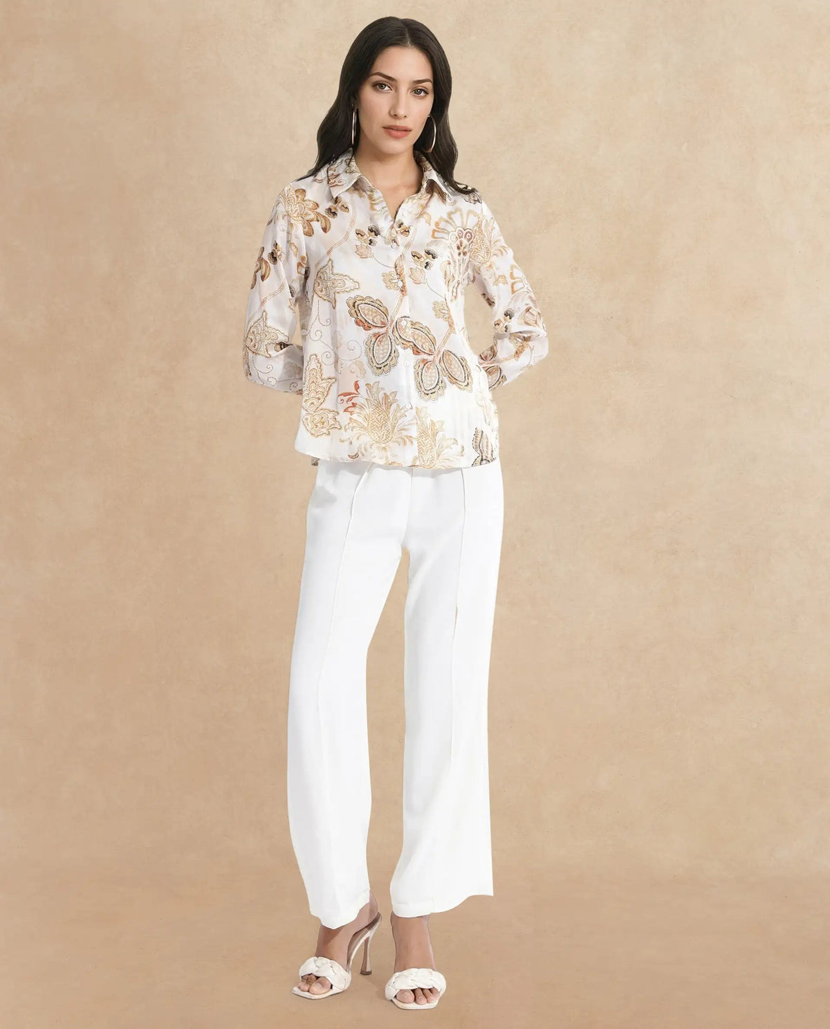 Rareism Women's Marl Multi Polyester Drop Collar Paisley Print Cuffed Sleeve Regular Fit Shirt