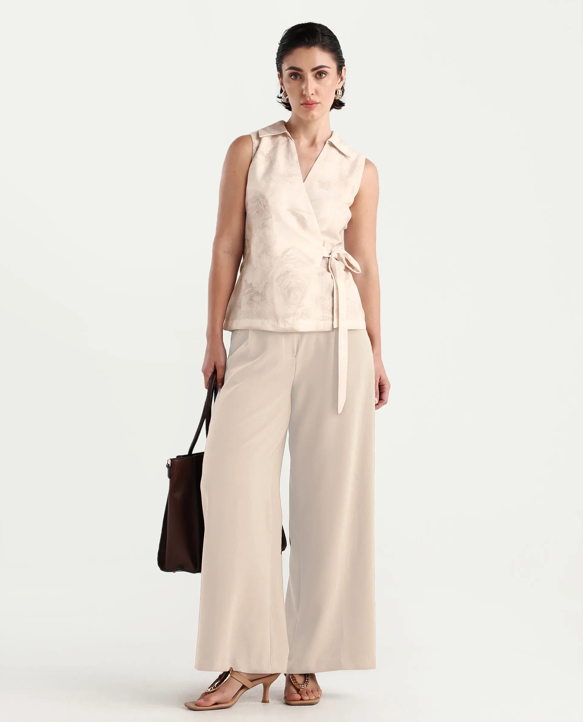 Rareism Women's Marlopo Light Beige Polyester Jonny Collar Fitted Top