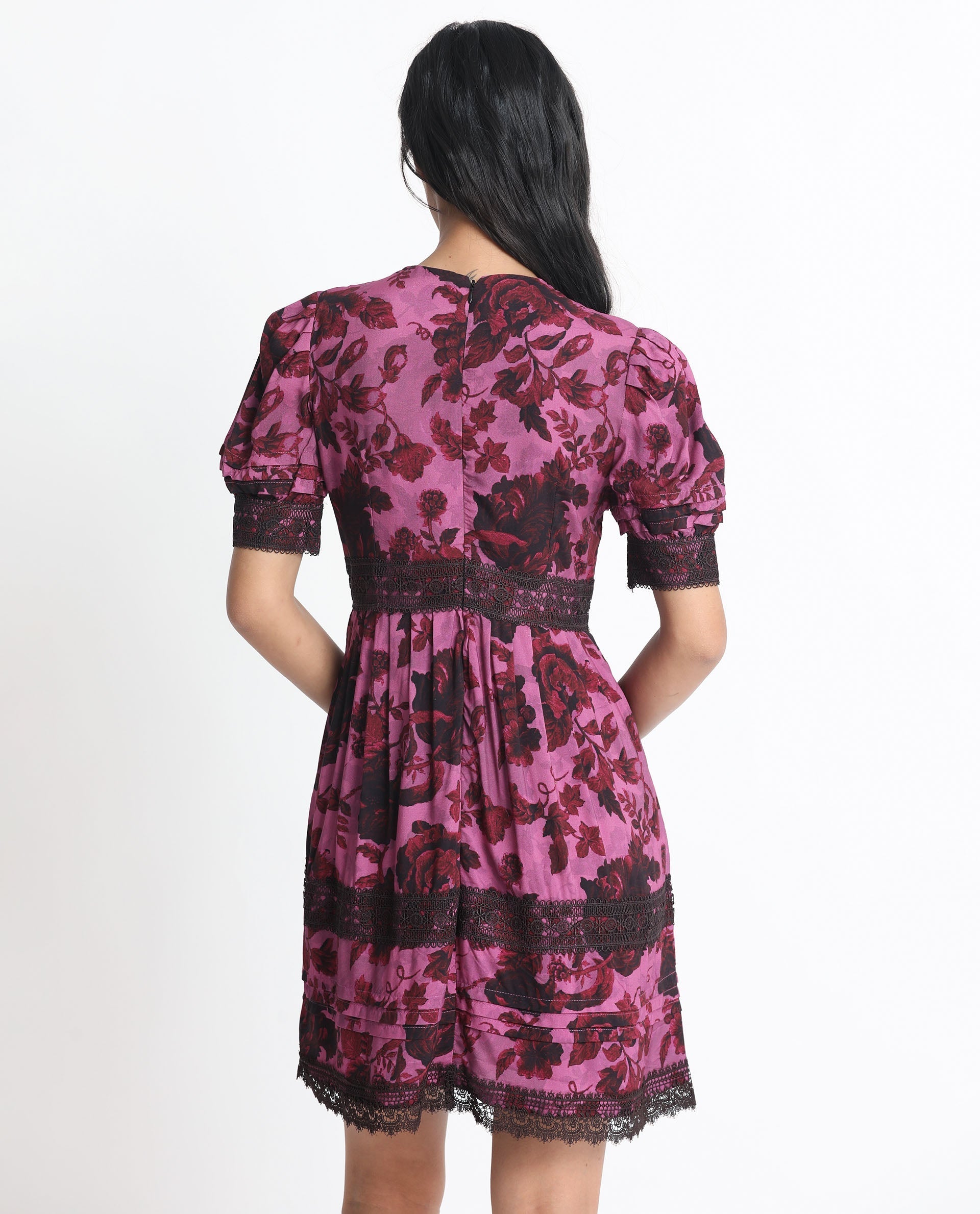 Rareism Women's Marte Maroon Viscose Crew Neck Floral Print Mini Regular Fit Dress