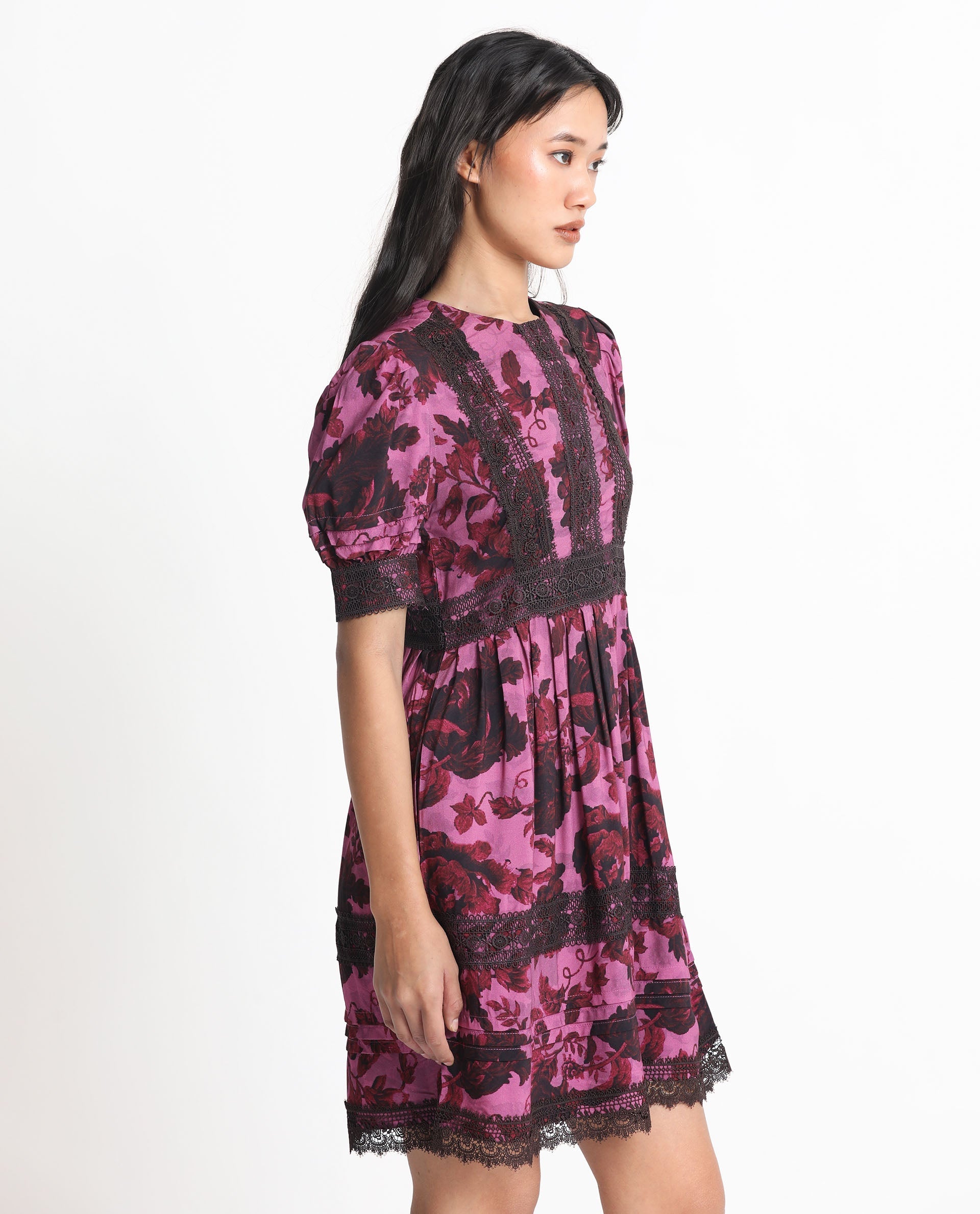 Rareism Women's Marte Maroon Viscose Crew Neck Floral Print Mini Regular Fit Dress