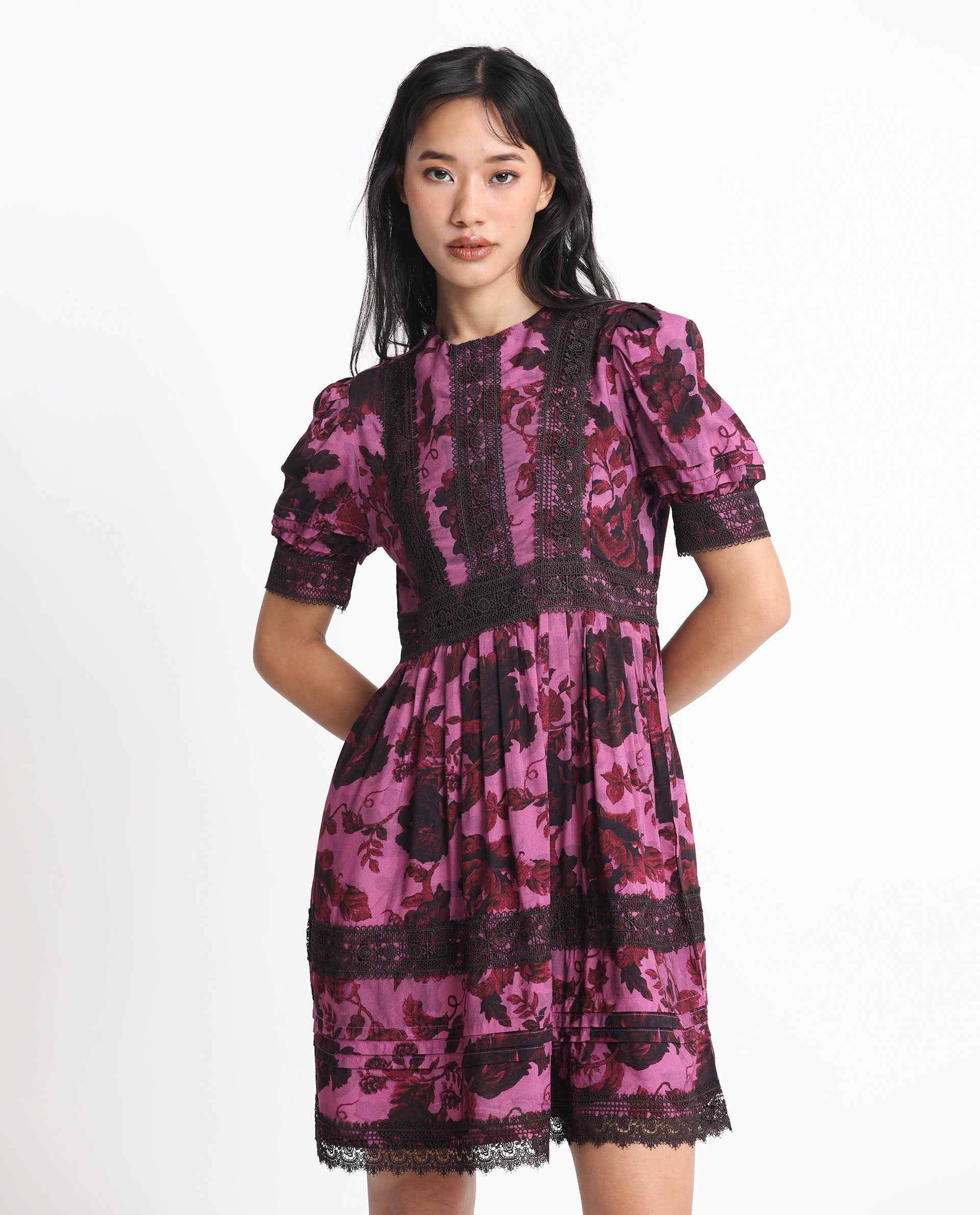 Rareism Women's Marte Maroon Viscose Crew Neck Floral Print Mini Regular Fit Dress