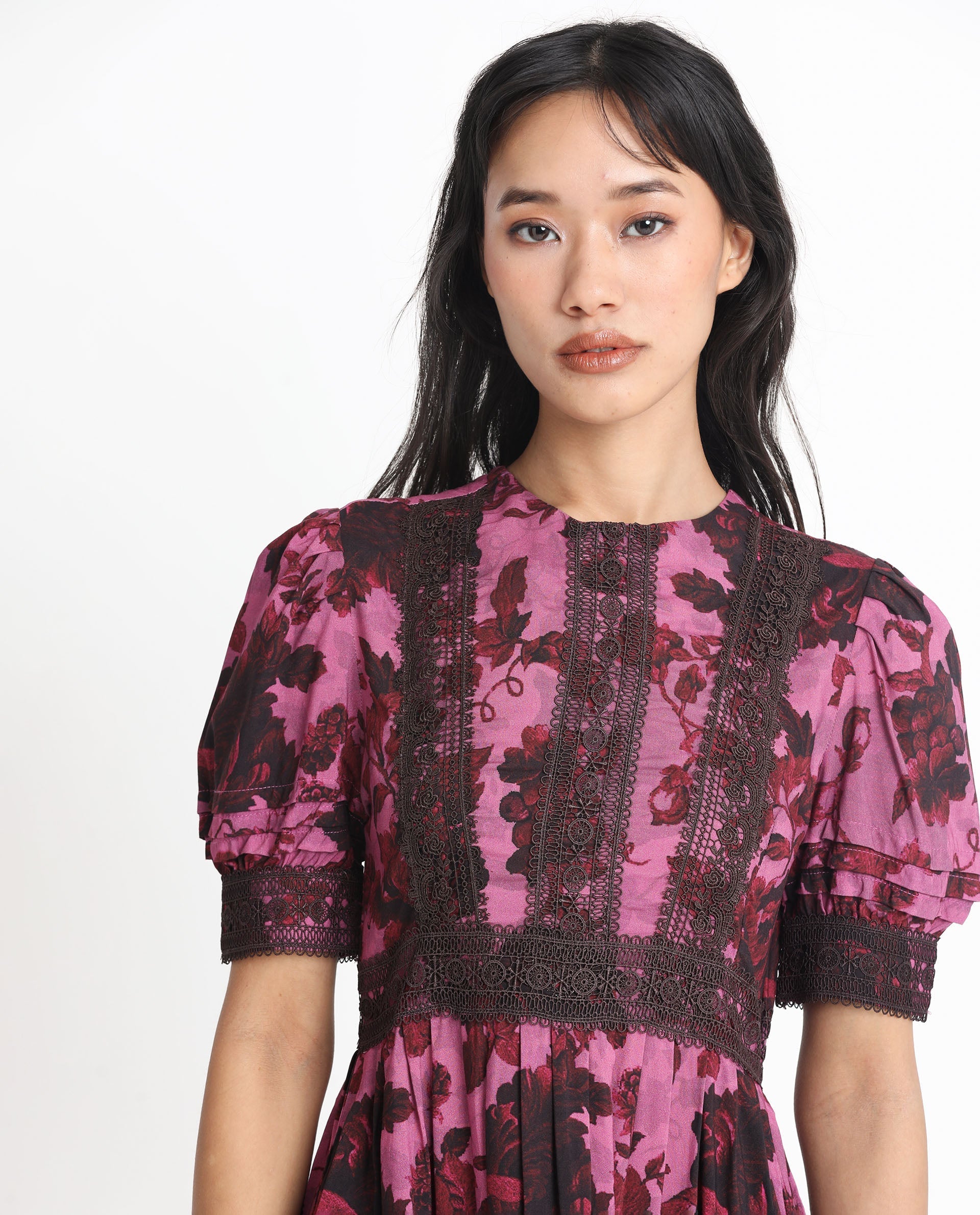 Rareism Women's Marte Maroon Viscose Crew Neck Floral Print Mini Regular Fit Dress