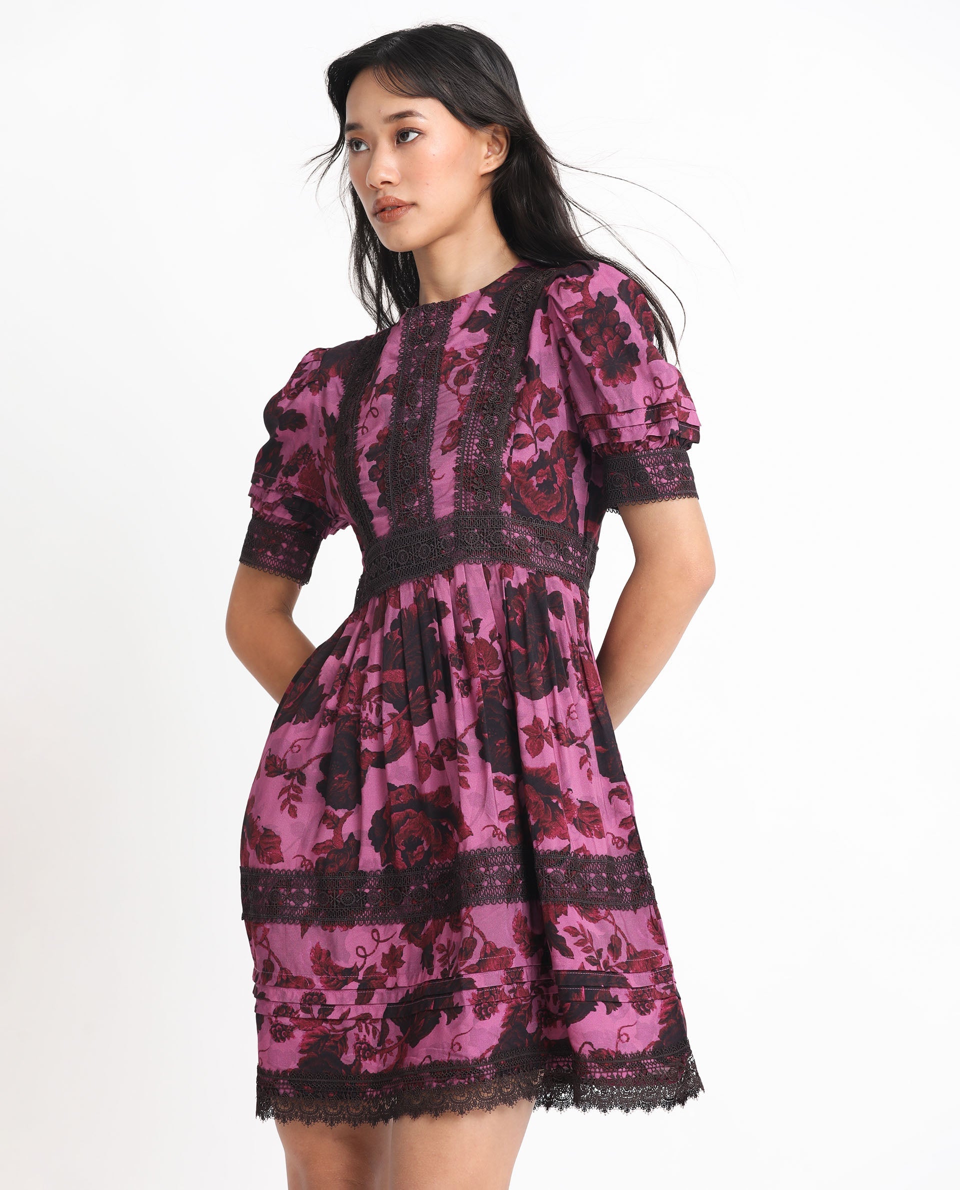 Rareism Women's Marte Maroon Viscose Crew Neck Floral Print Mini Regular Fit Dress