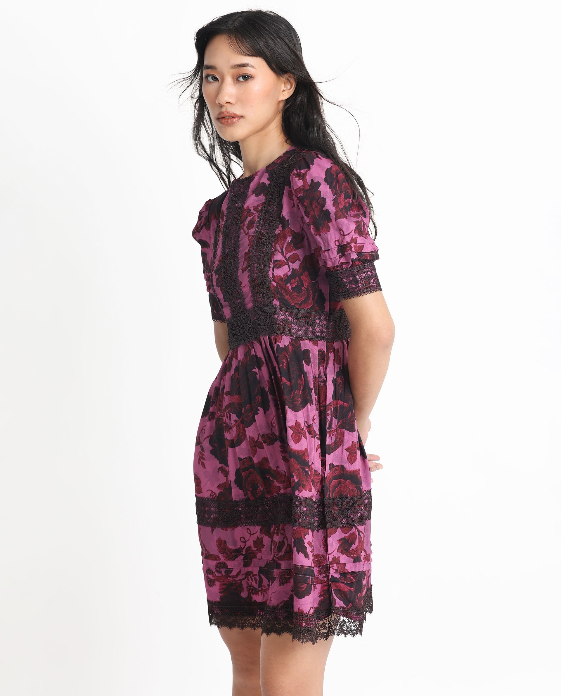 Rareism Women's Marte Maroon Viscose Crew Neck Floral Print Mini Regular Fit Dress