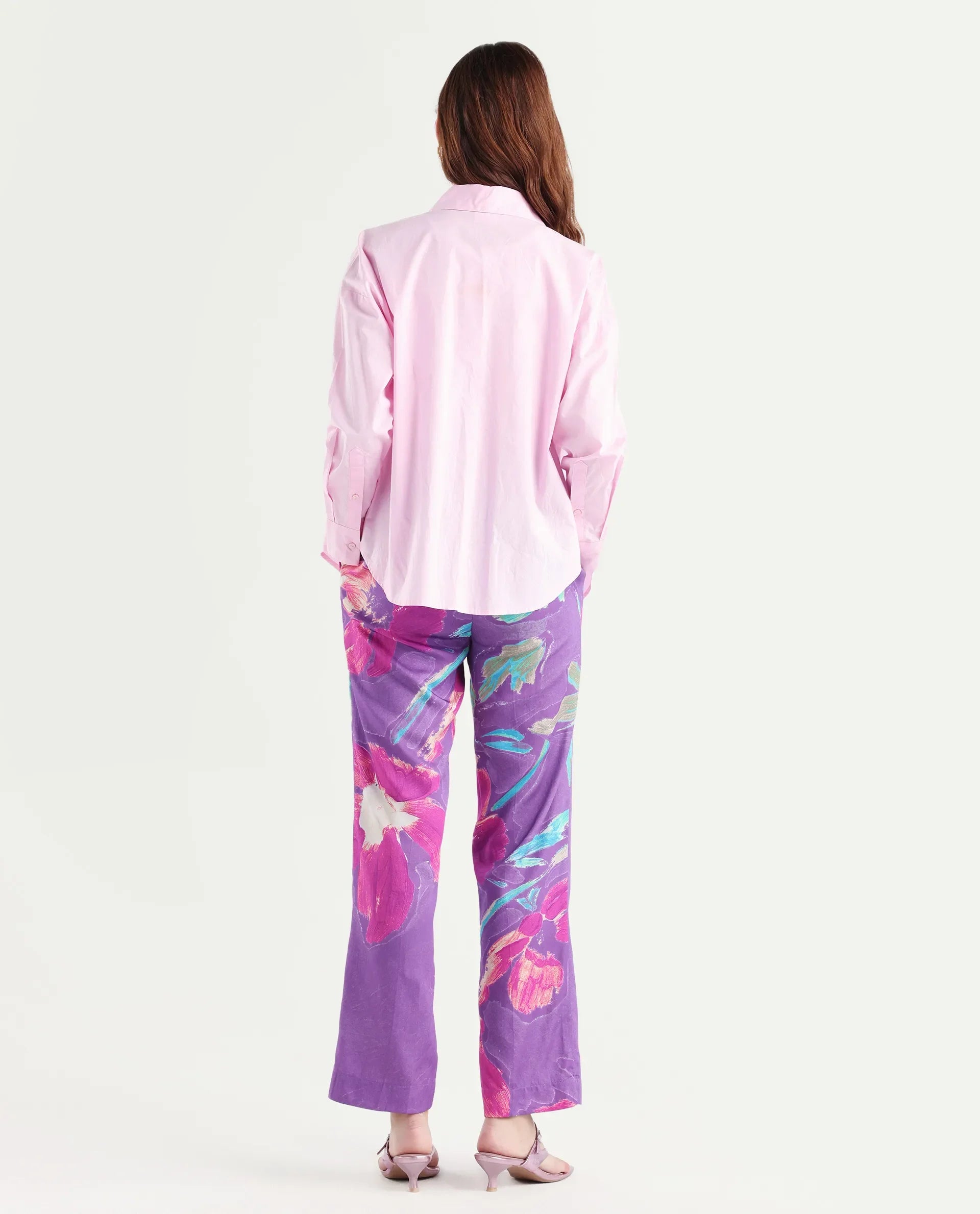 Rareism Women's Martin Dark Blue Cotton Floral Print Ankle Length Relaxed Fit Trouser