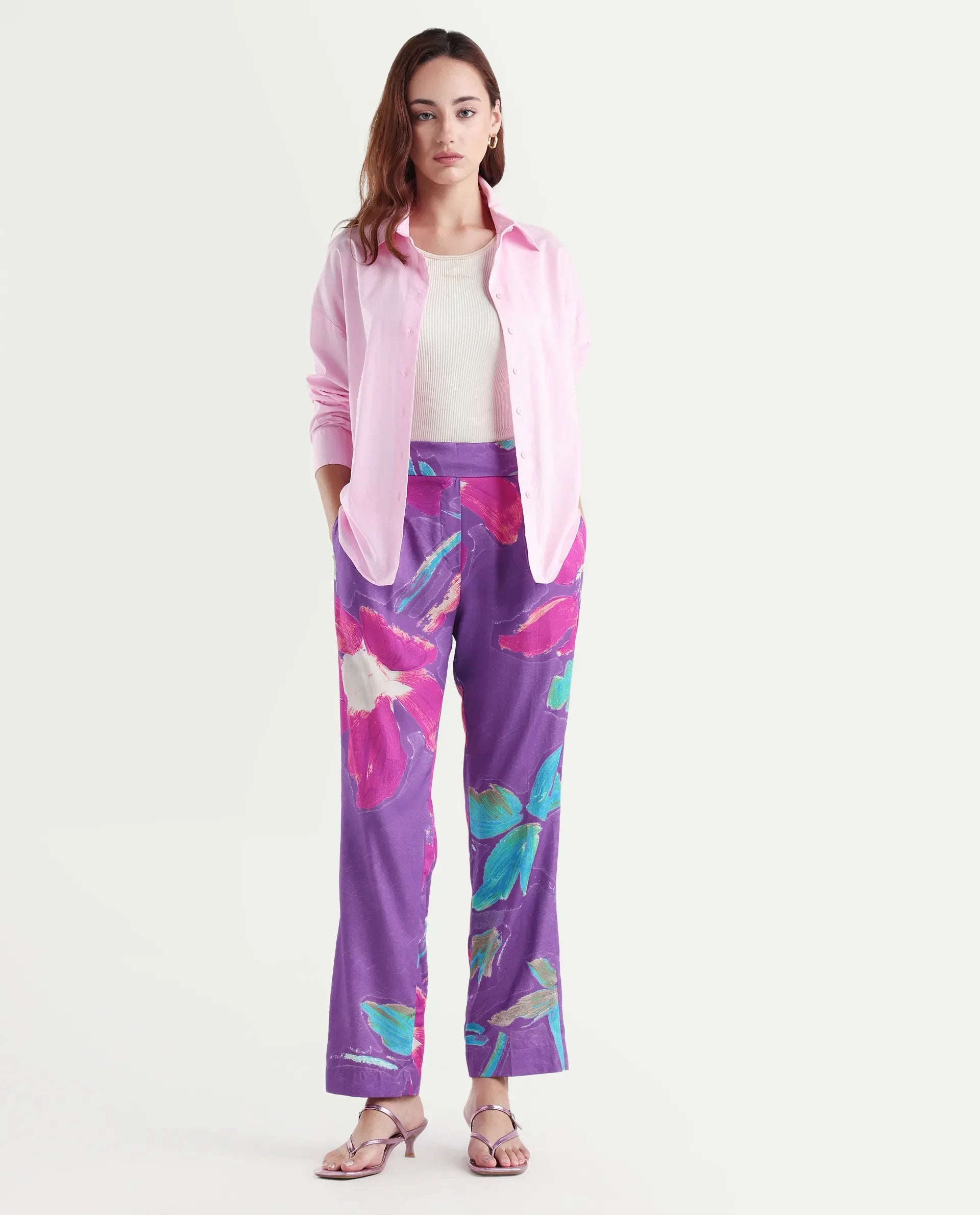 Rareism Women's Martin Dark Blue Cotton Floral Print Ankle Length Relaxed Fit Trouser