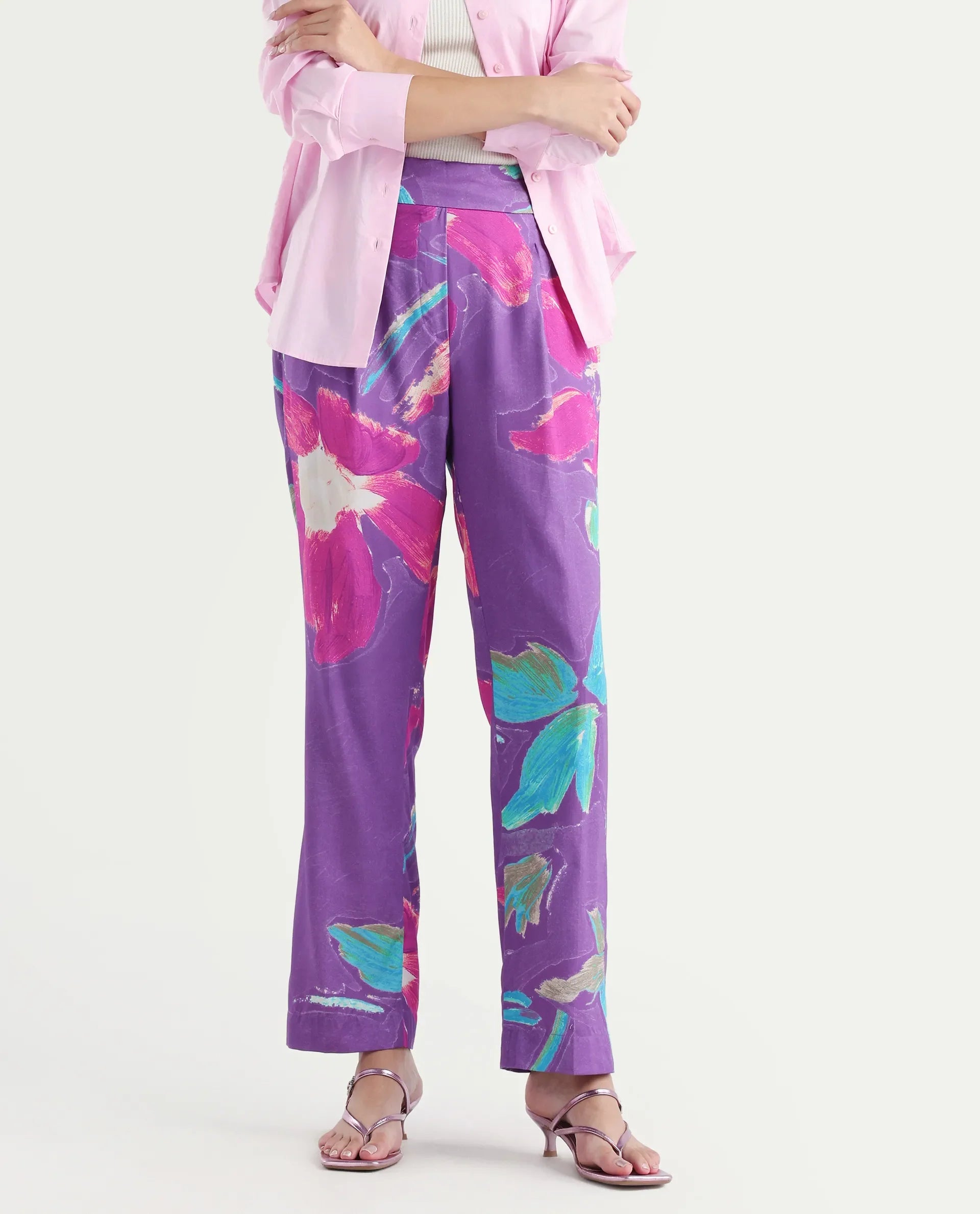 Rareism Women's Martin Dark Blue Cotton Floral Print Ankle Length Relaxed Fit Trouser