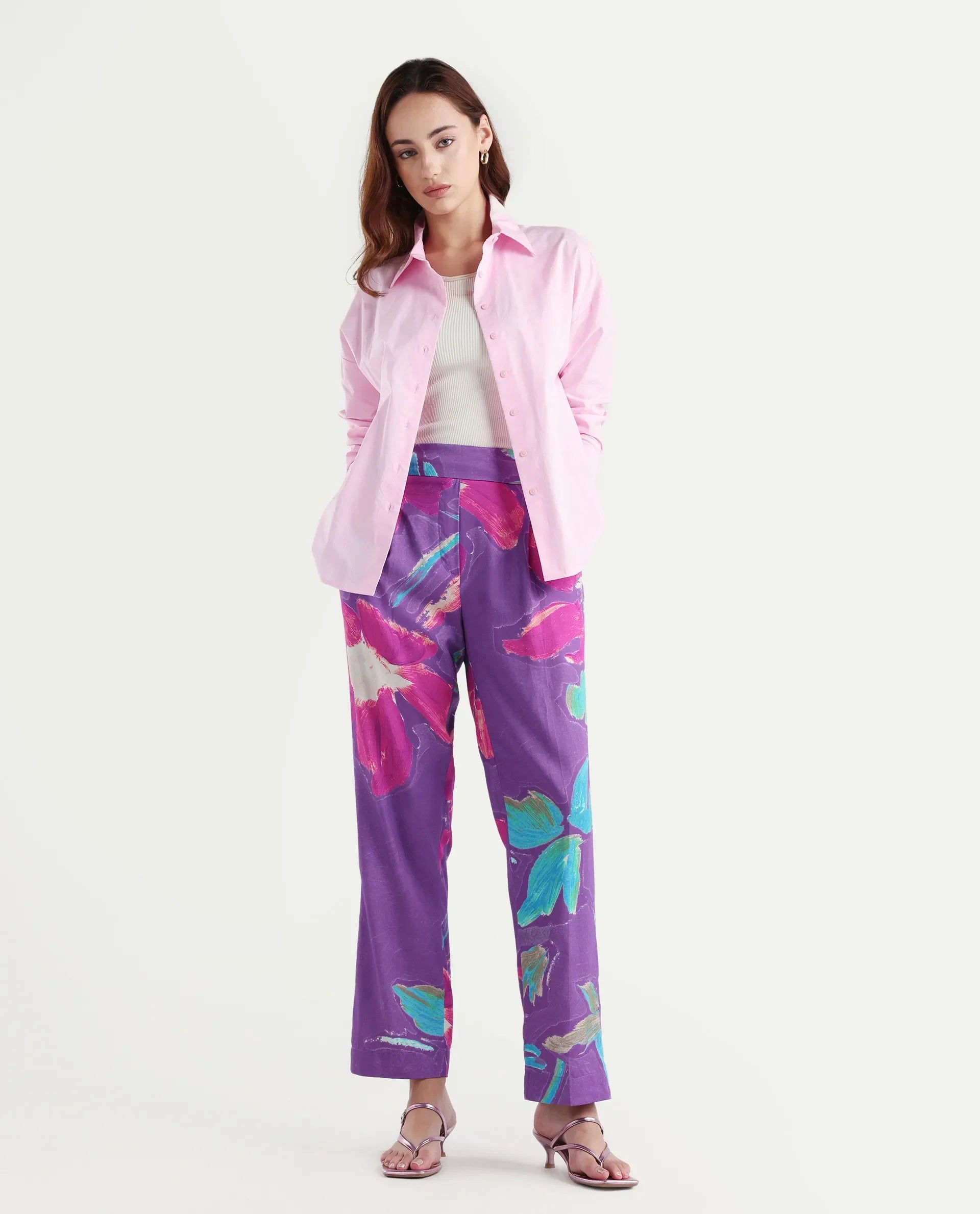 Rareism Women's Martin Dark Blue Cotton Floral Print Ankle Length Relaxed Fit Trouser