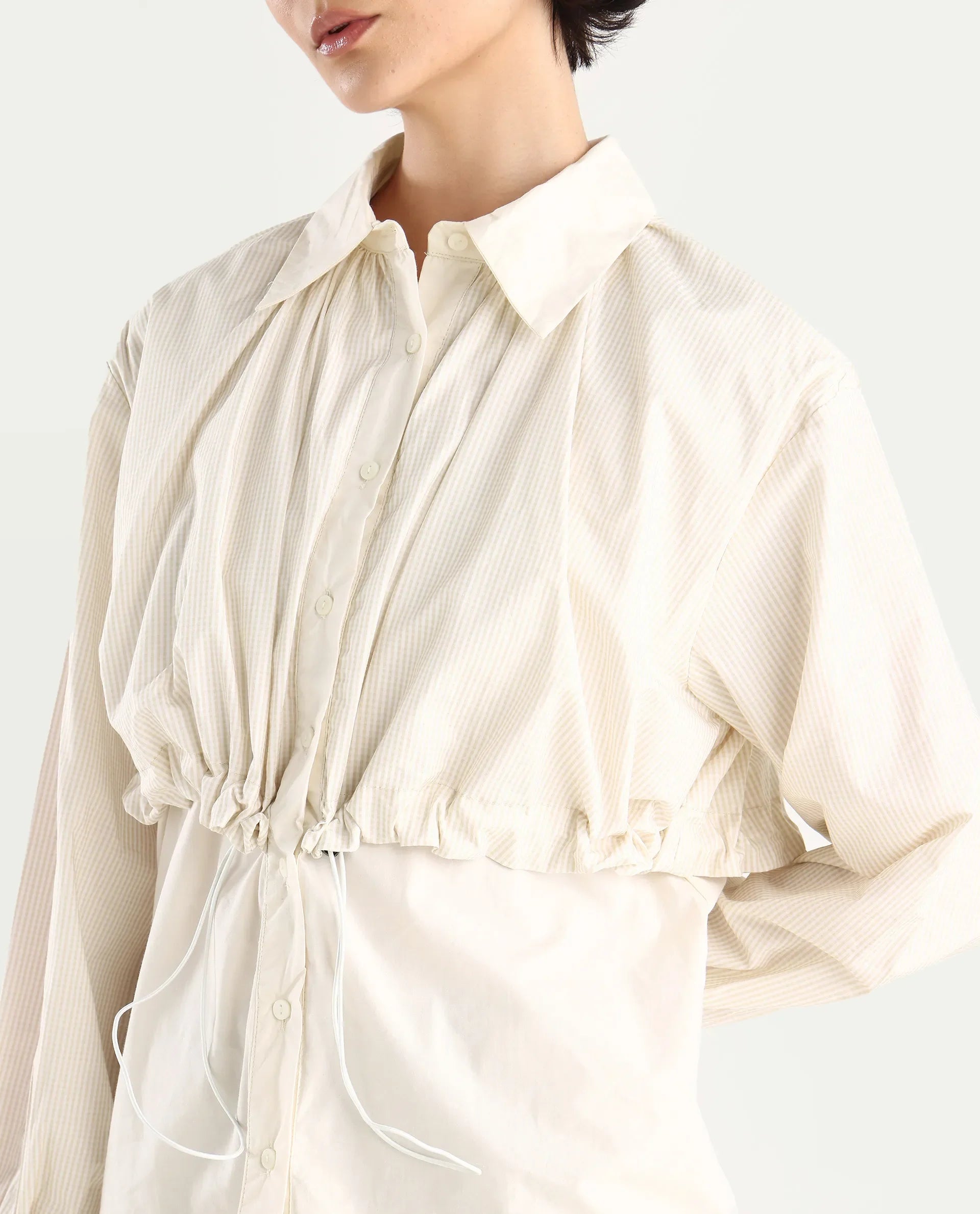 Rareism Women's Mash Beige Cotton Blend Drop Collar Checked Cuffed Sleeve Relaxed Fit Top
