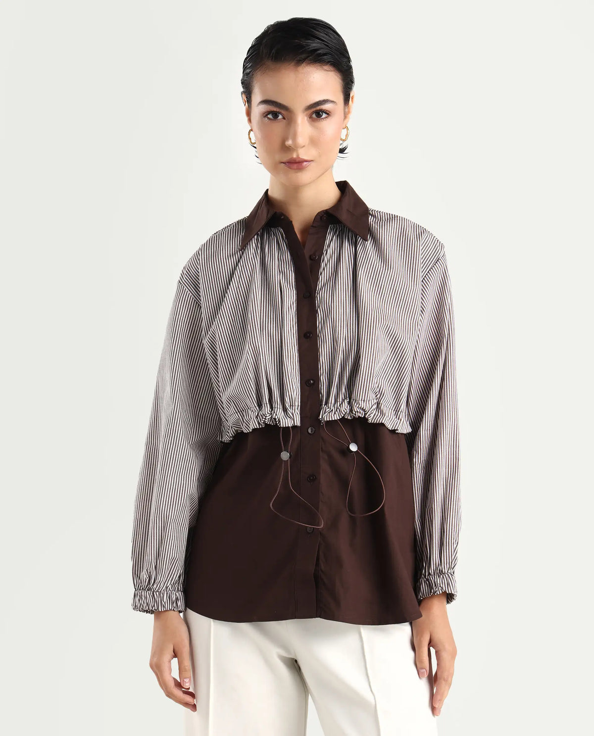 Rareism Women's Masher Brown Cotton Blend Drop Collar Plain Cuffed Sleeve Relaxed Fit Top