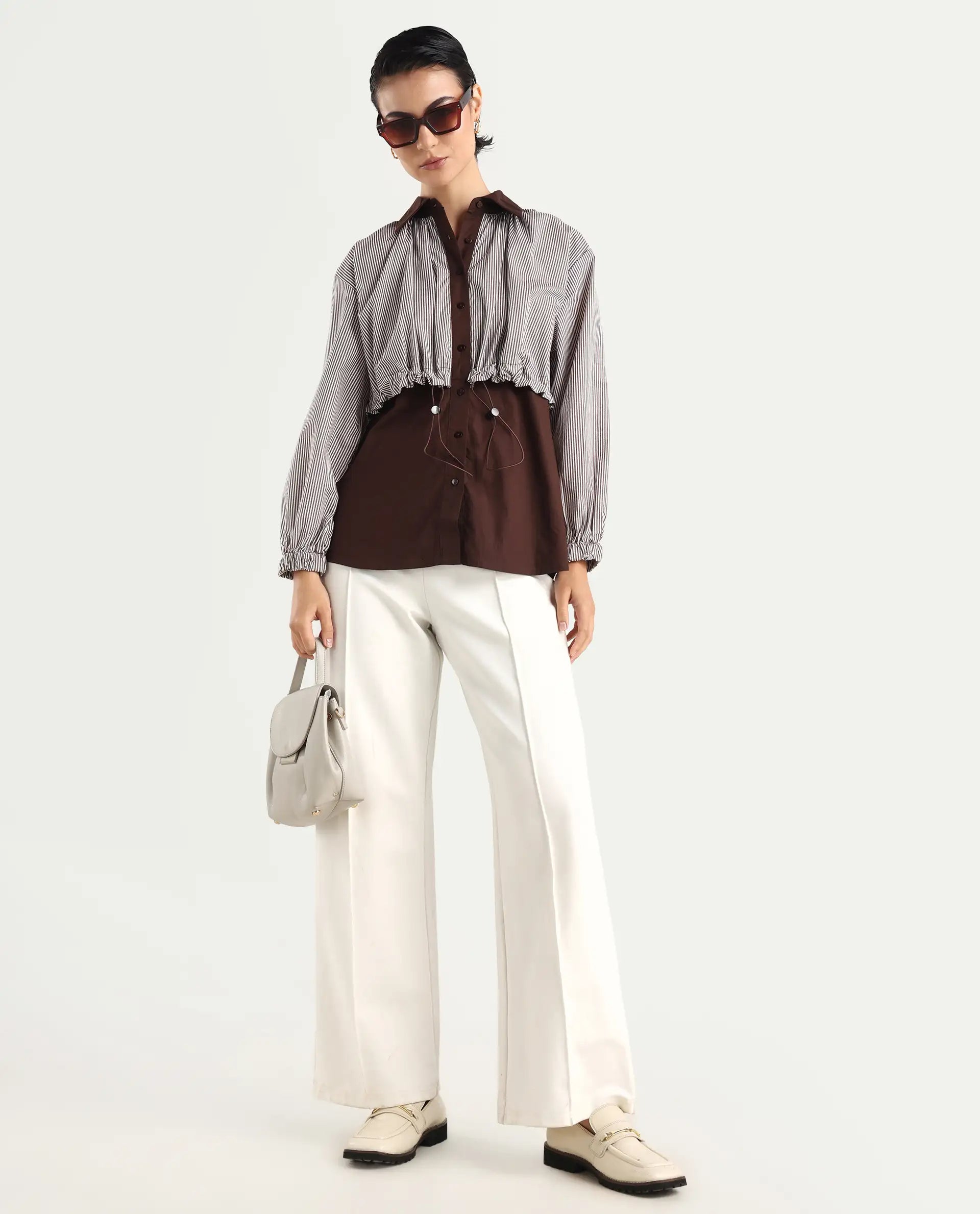 Rareism Women's Masher Brown Cotton Blend Drop Collar Plain Cuffed Sleeve Relaxed Fit Top