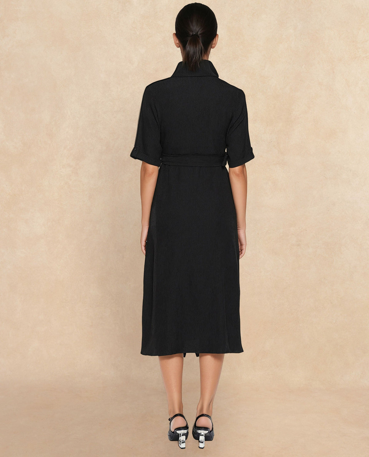 Rareism Women Maso Black Short Sleeves Lapel Neck Zip Closure A-Line Midi Plain Dress