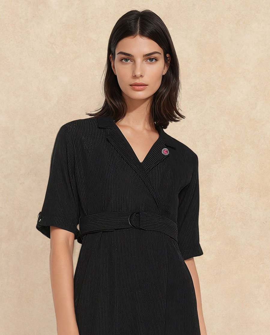 Rareism Women's Maso Black Polyester Lapel Neck Plain Midi A-Line Dress