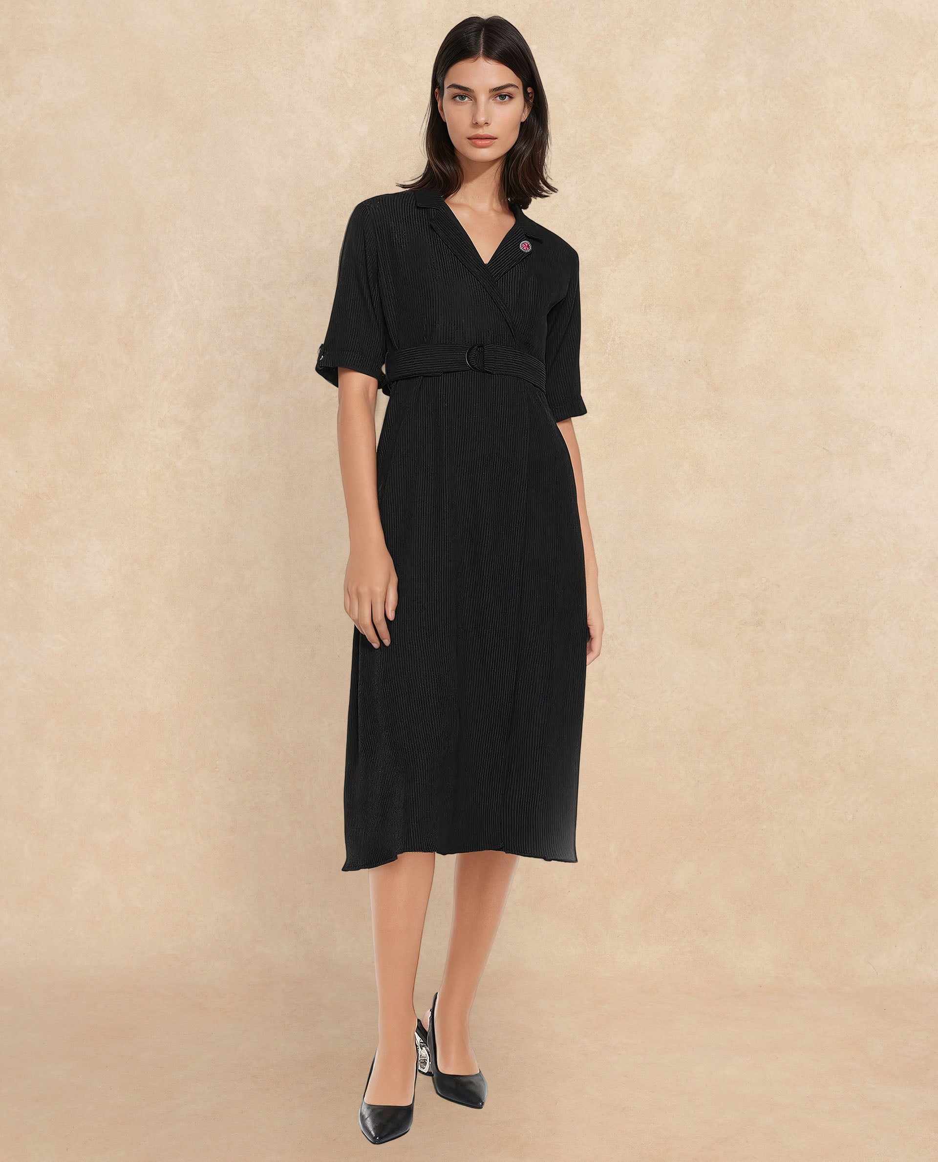Rareism Women's Maso Black Polyester Lapel Neck Plain Midi A-Line Dress