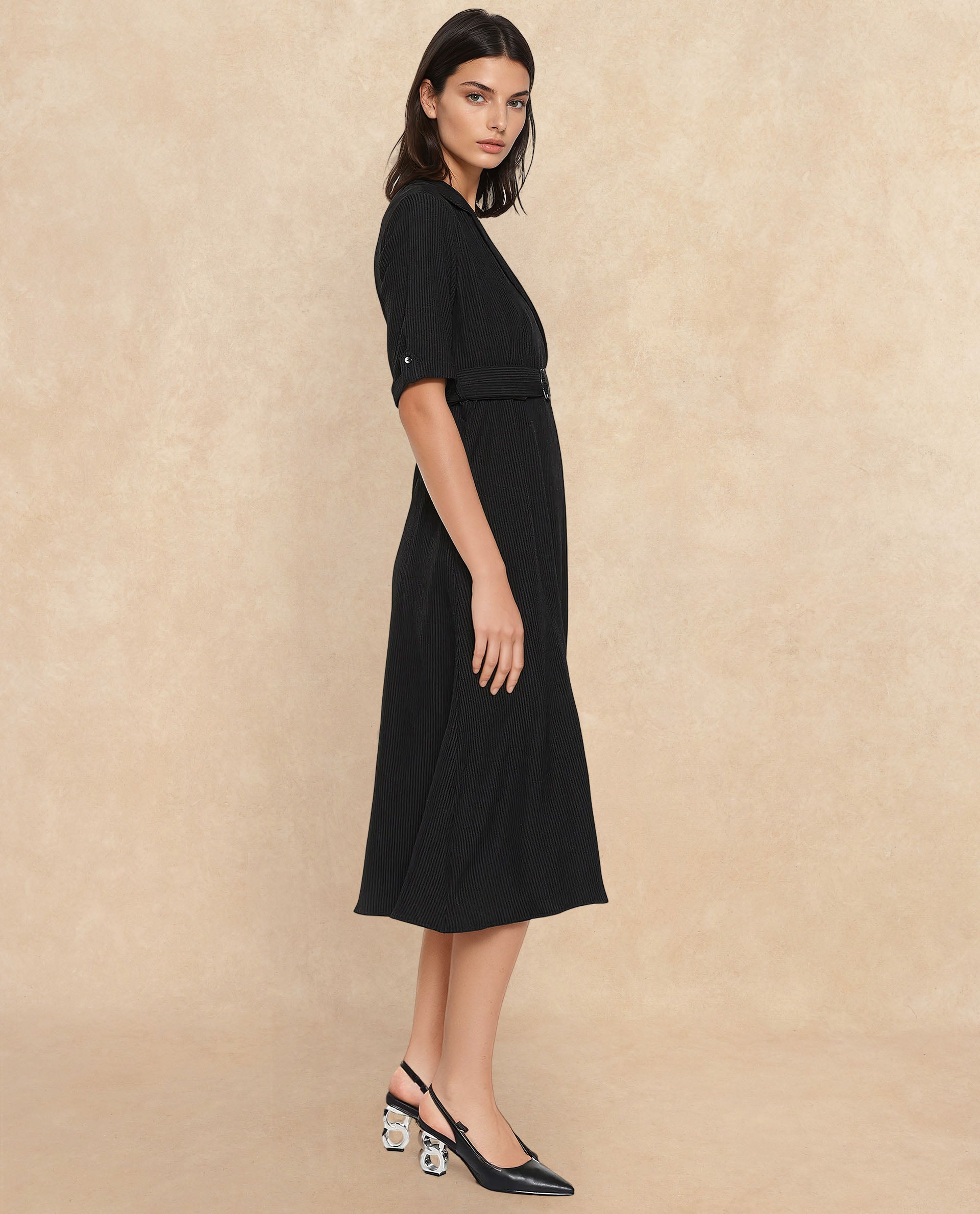 Rareism Women's Maso Black Polyester Lapel Neck Plain Midi A-Line Dress