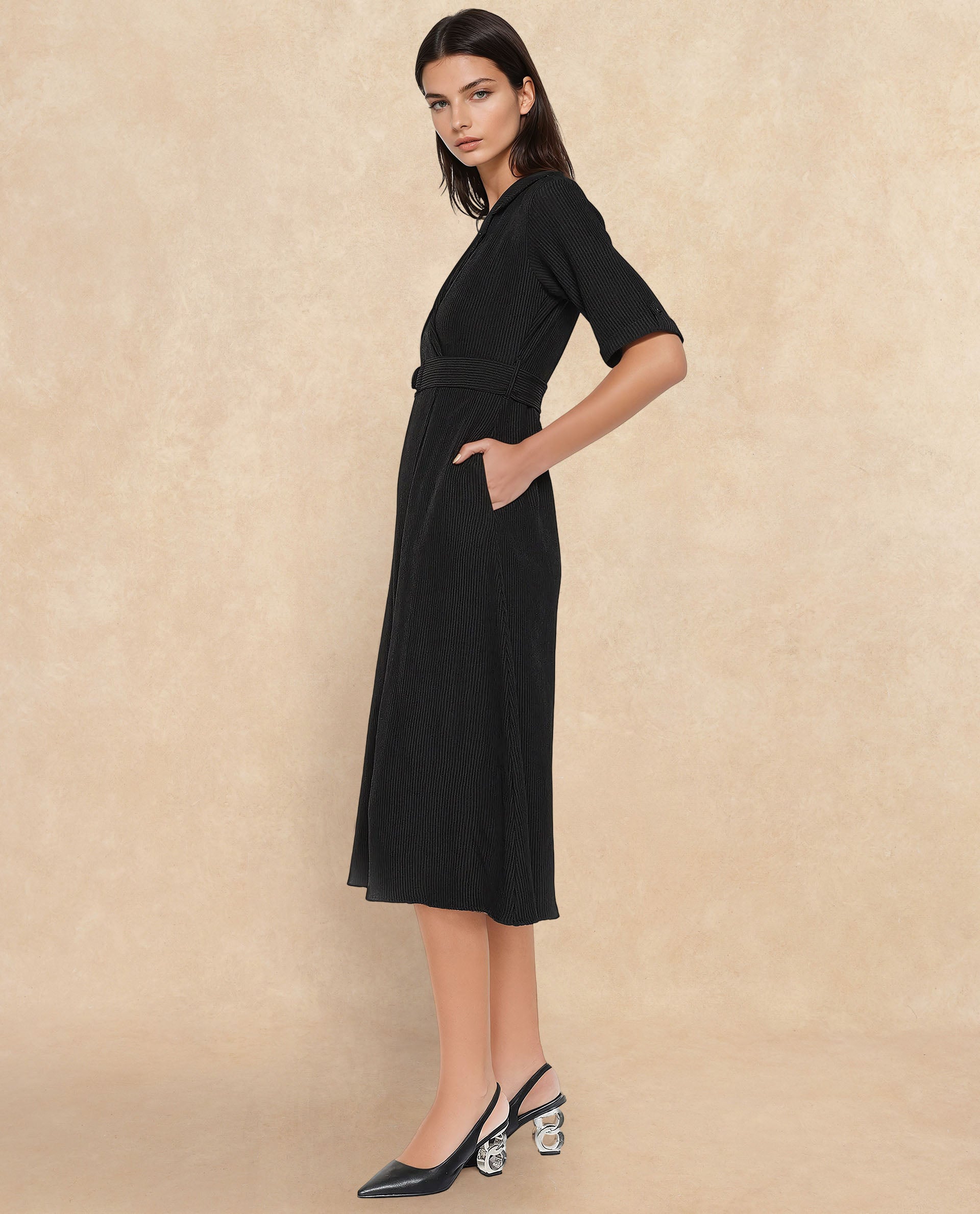 Rareism Women's Maso Black Polyester Lapel Neck Plain Midi A-Line Dress