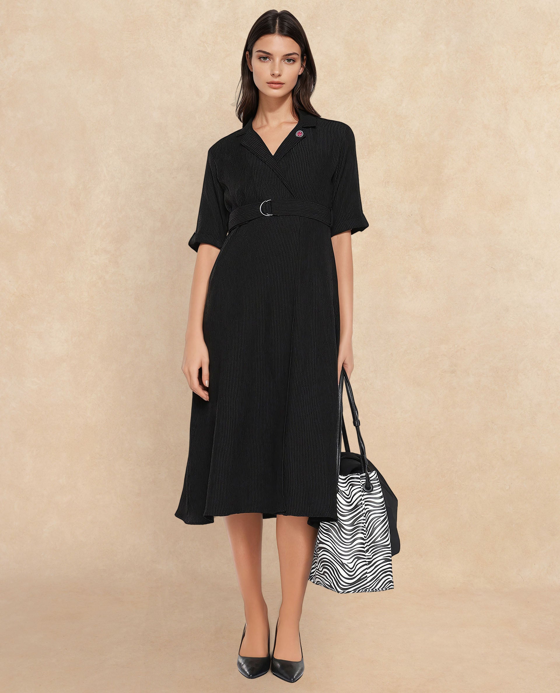 Rareism Women's Maso Black Polyester Lapel Neck Plain Midi A-Line Dress