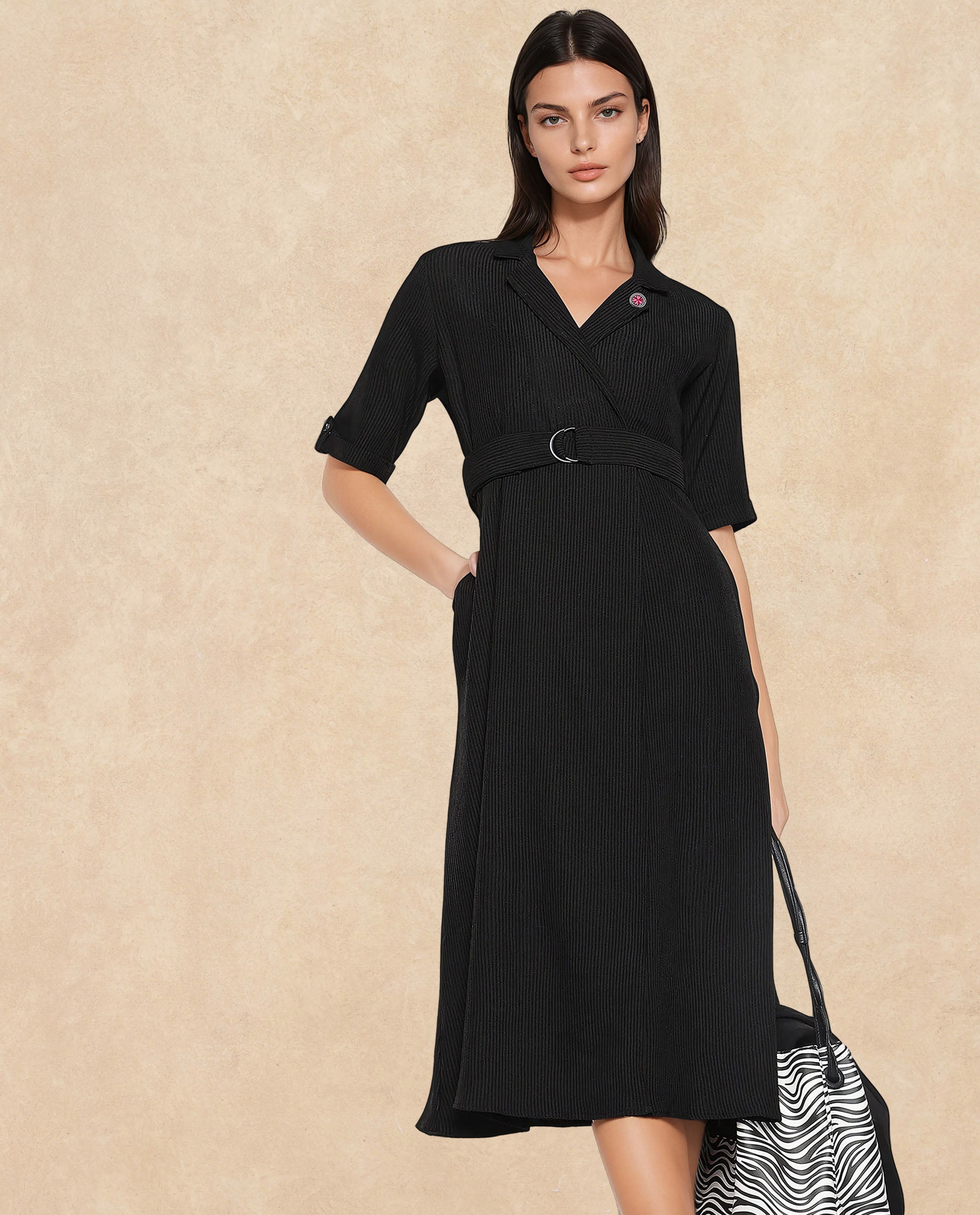 Rareism Women's Maso Black Polyester Lapel Neck Plain Midi A-Line Dress