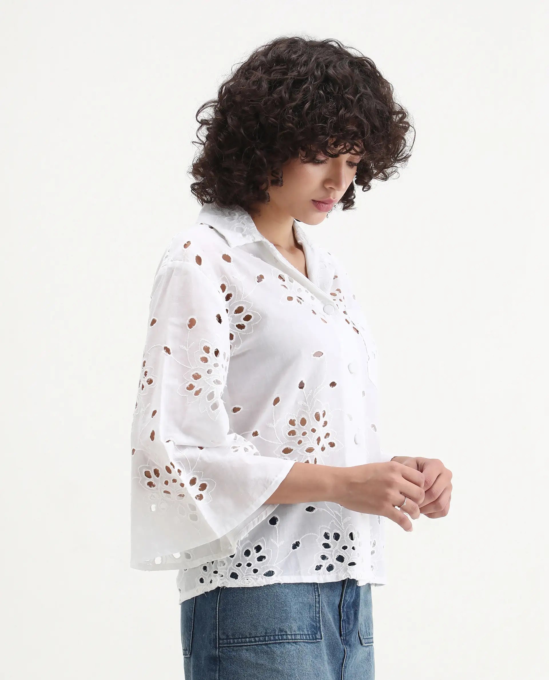 Rareism Women's Matcha White Schiffli Drop Collar Plain Regular Fit Top