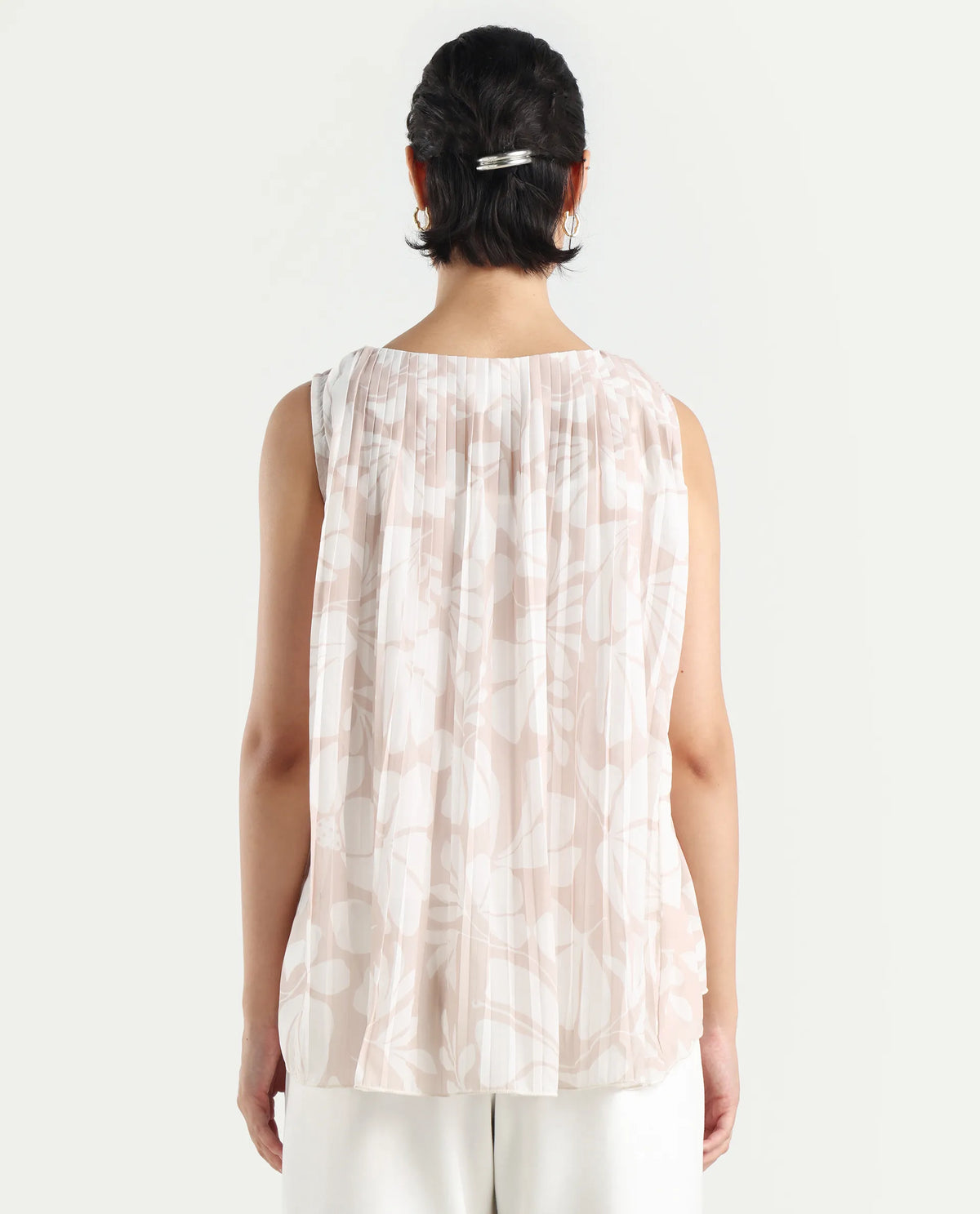Rareism Women's Matera Sc Light Beige Polyester Crew Neck Abstract Print Sleeveless Relaxed Fit Top