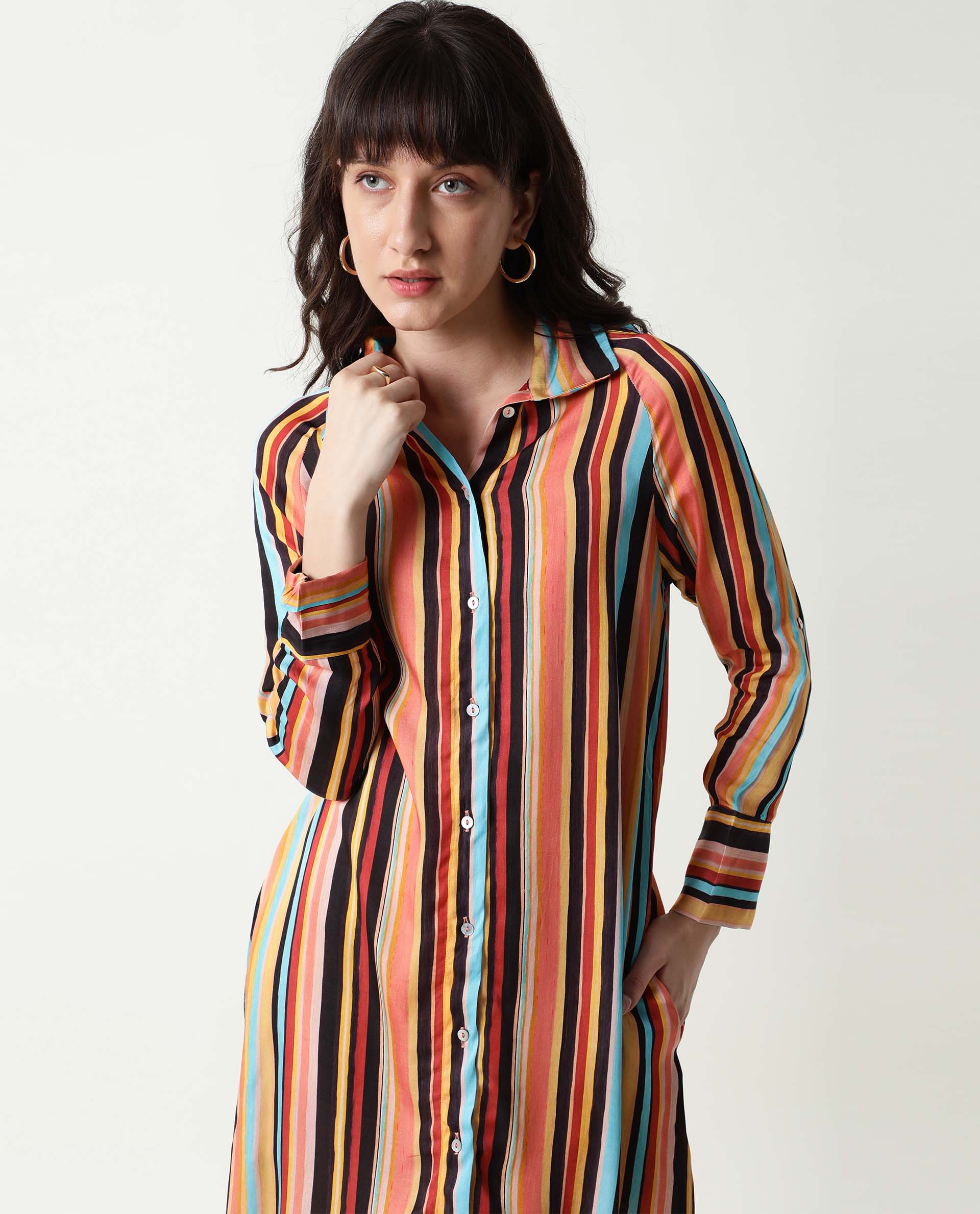 Rareism Women's Mathers Brown Spread Collar Striped Knee Length Regular Fit Dress
