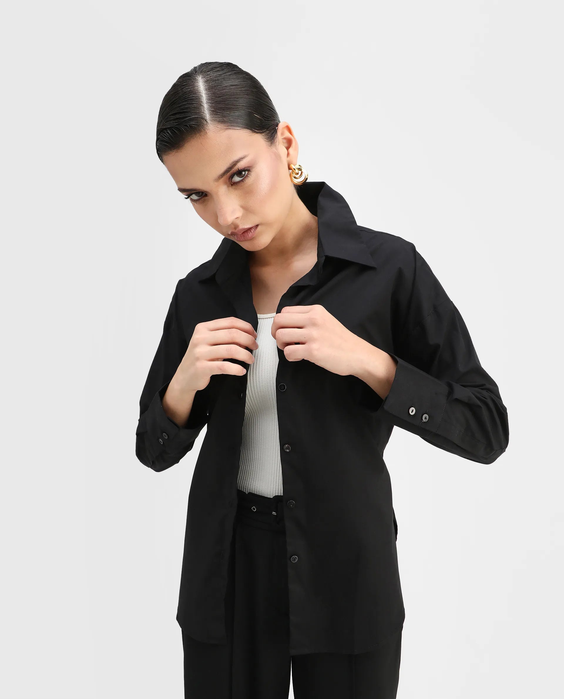 Rareism Women's Matsue Black Drop Collar Plain Cuffed Sleeve Boxy Fit Shirt