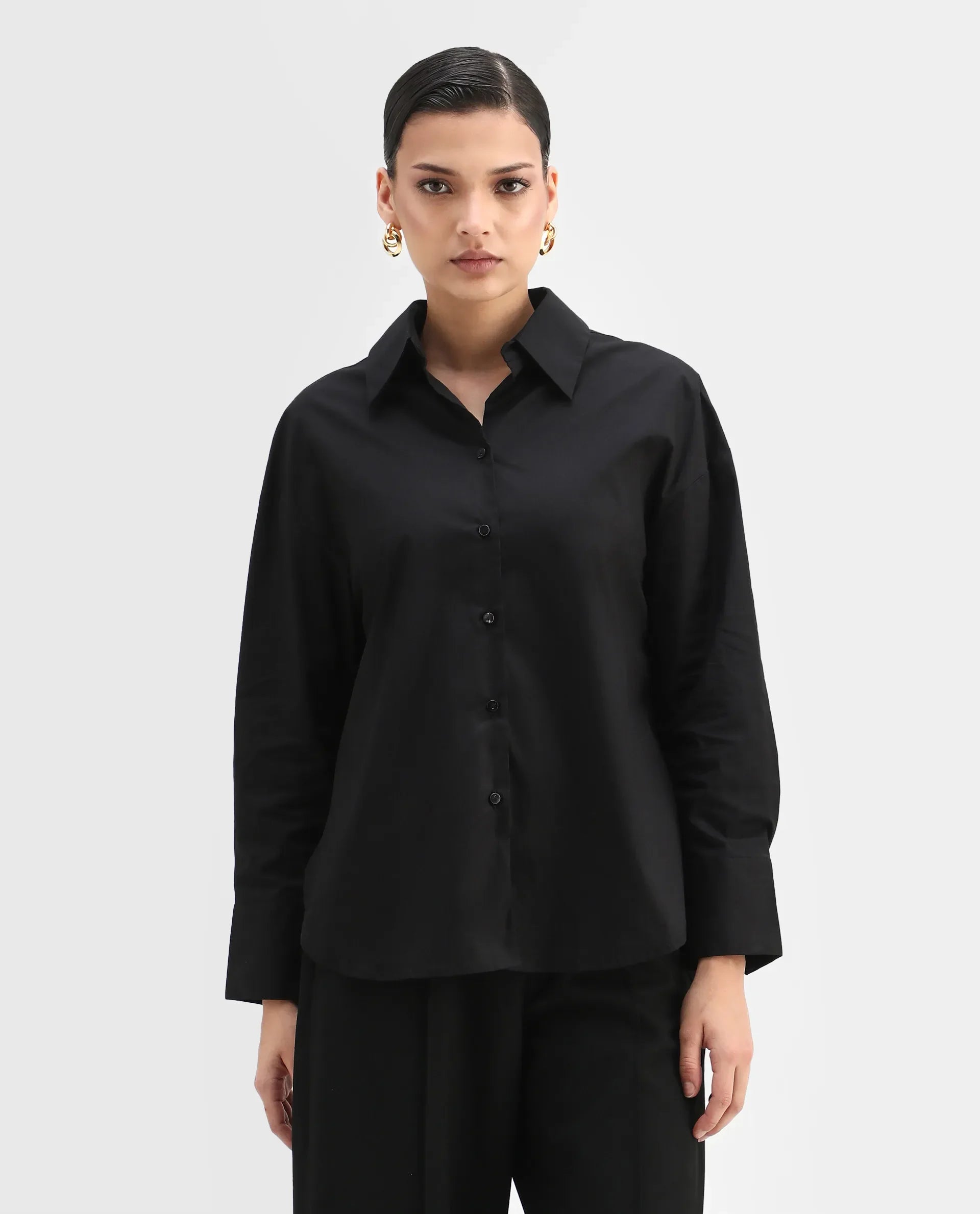 Rareism Women's Matsue Black Drop Collar Plain Cuffed Sleeve Boxy Fit Shirt