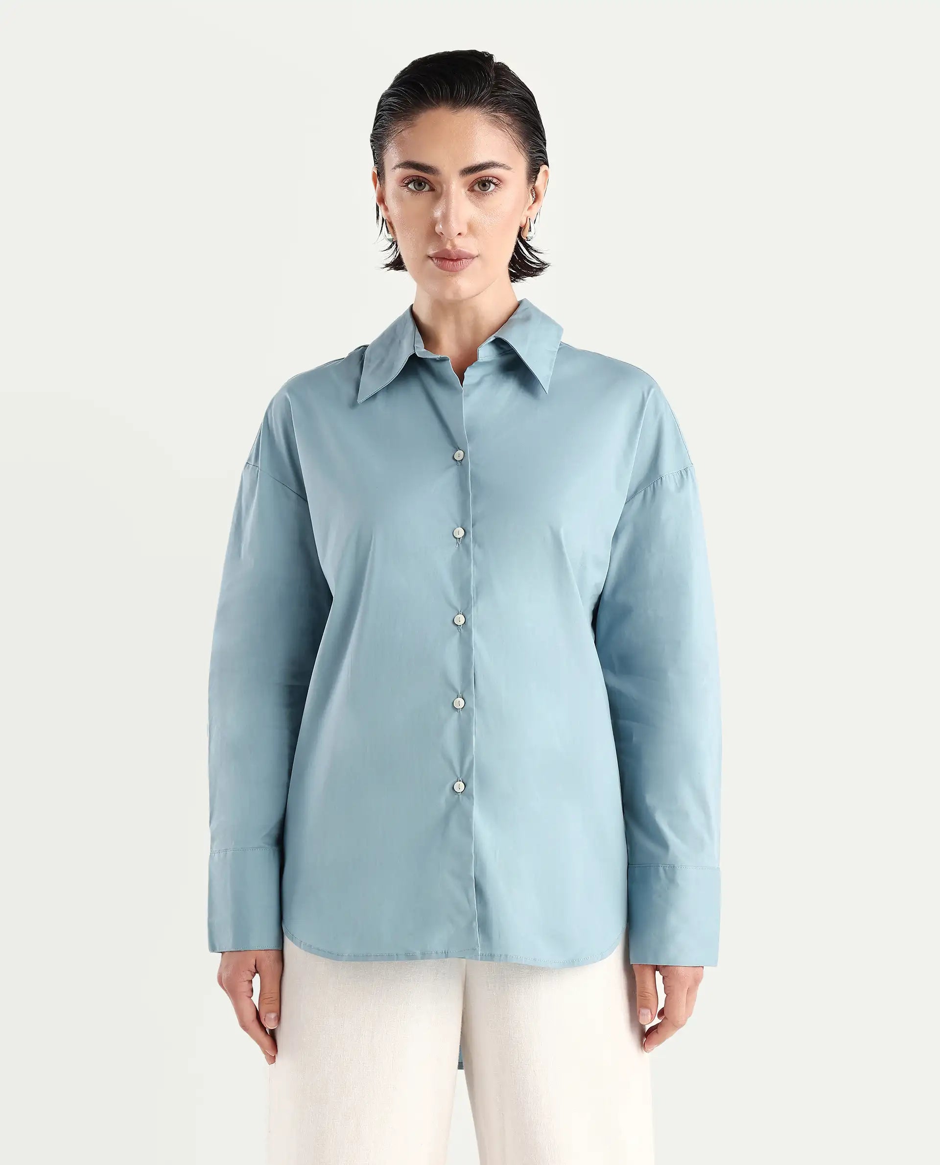 Rareism Women's Matsue Light Blue Drop Collar Plain Cuffed Sleeve Boxy Fit Shirt
