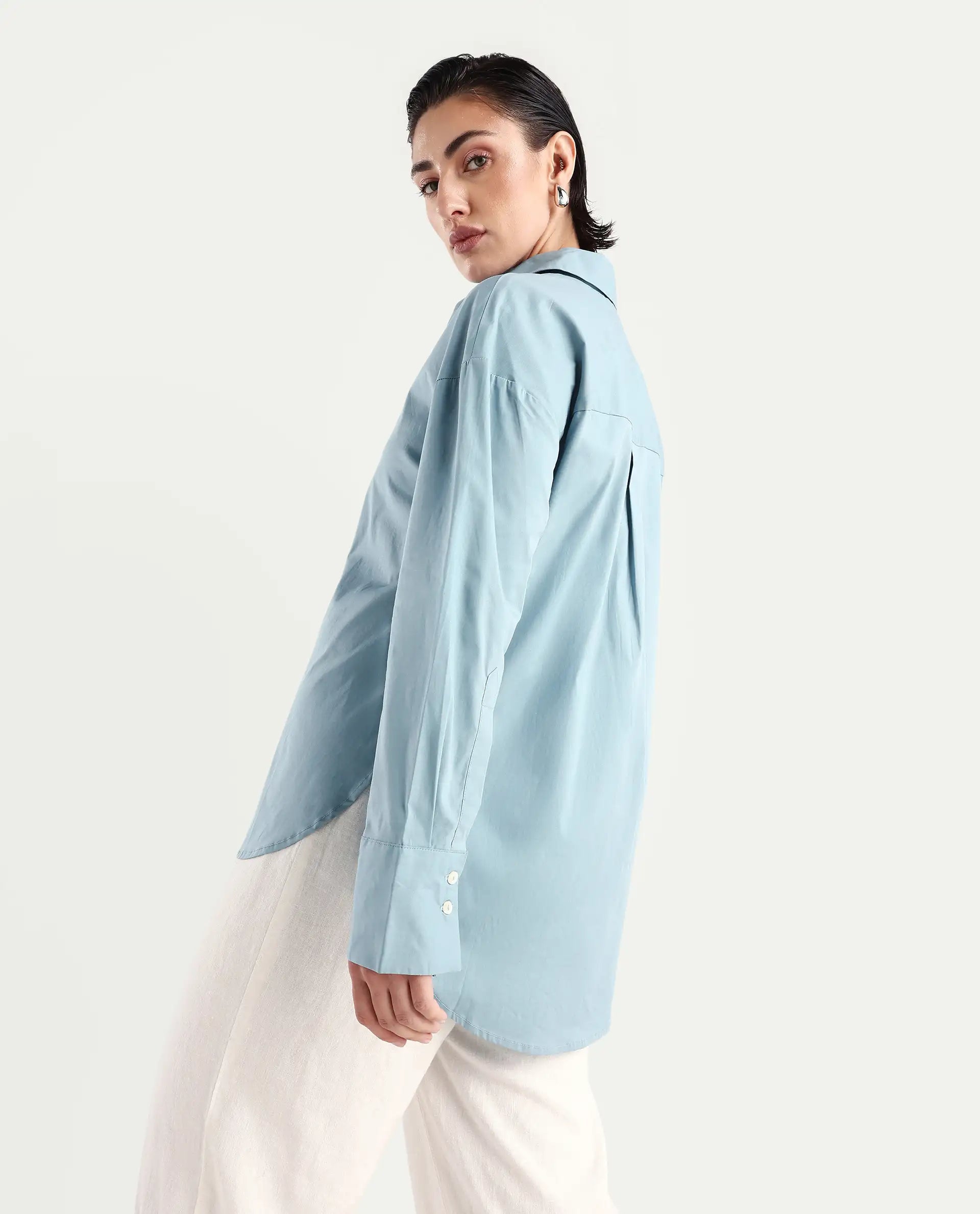 Rareism Women's Matsue Light Blue Drop Collar Plain Cuffed Sleeve Boxy Fit Shirt