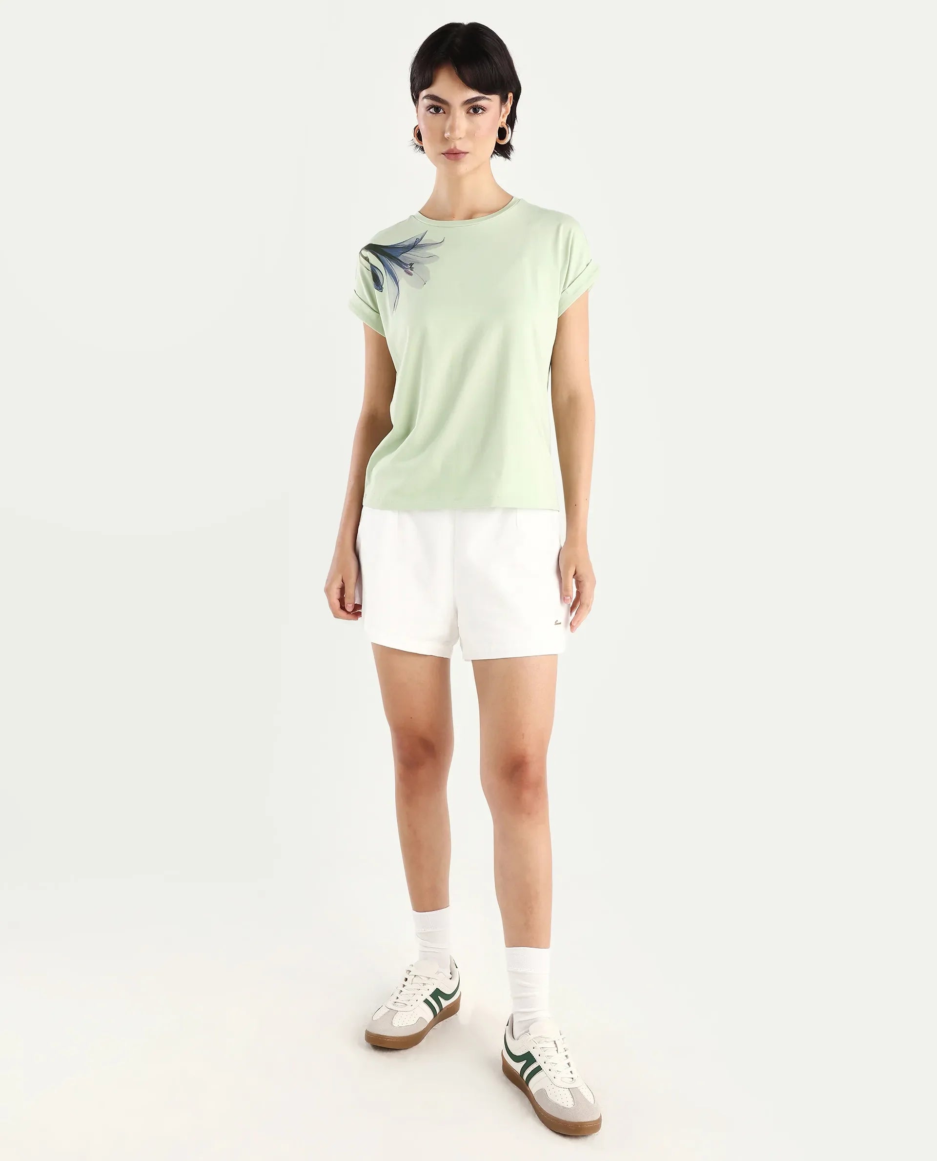 Rareism Women's Mattadu Pastel Green Cotton Blend Crew Neck Graphic Print Extended Sleeves Regular Fit T-Shirt