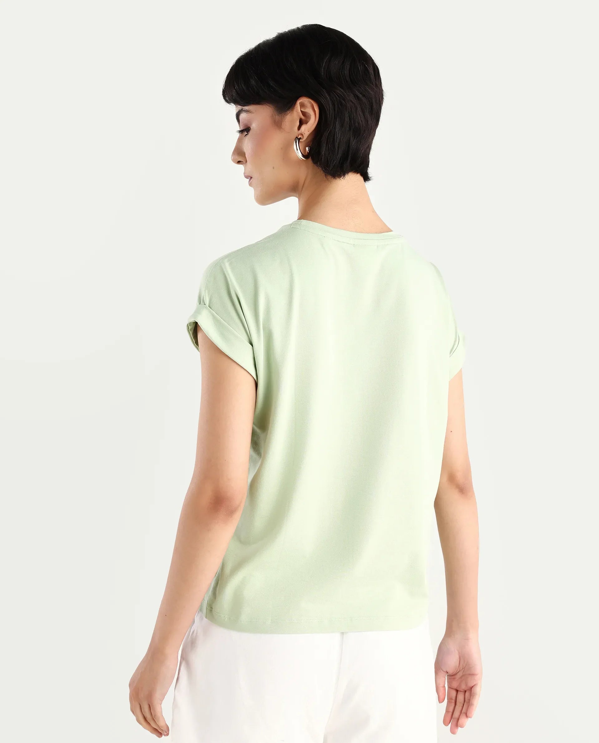 Rareism Women's Mattadu Pastel Green Cotton Blend Crew Neck Graphic Print Extended Sleeves Regular Fit T-Shirt