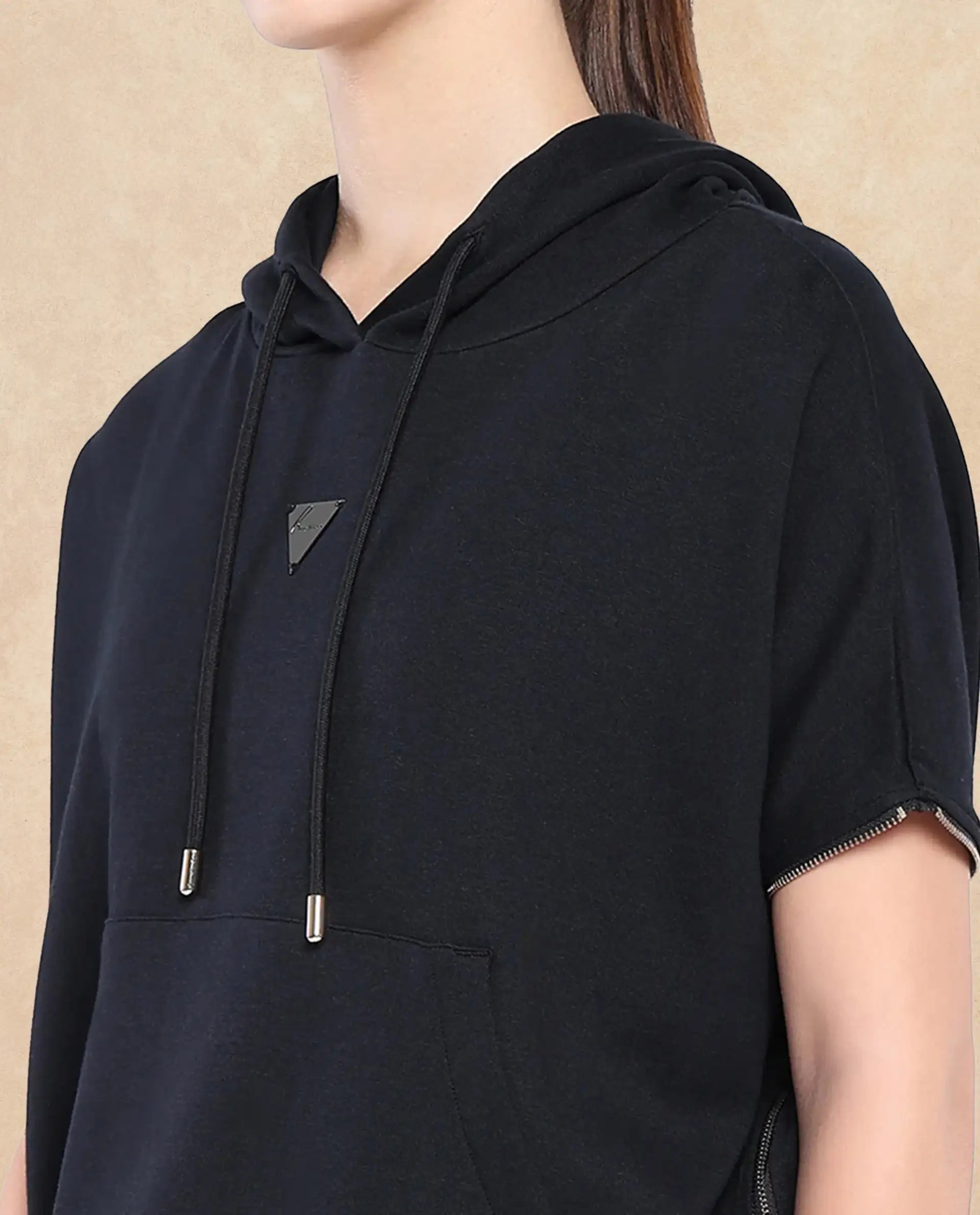 Rareism Women's Matthew Black Cotton Blend Hooded Plain Extended Sleeves Relaxed Fit Sweatshirt