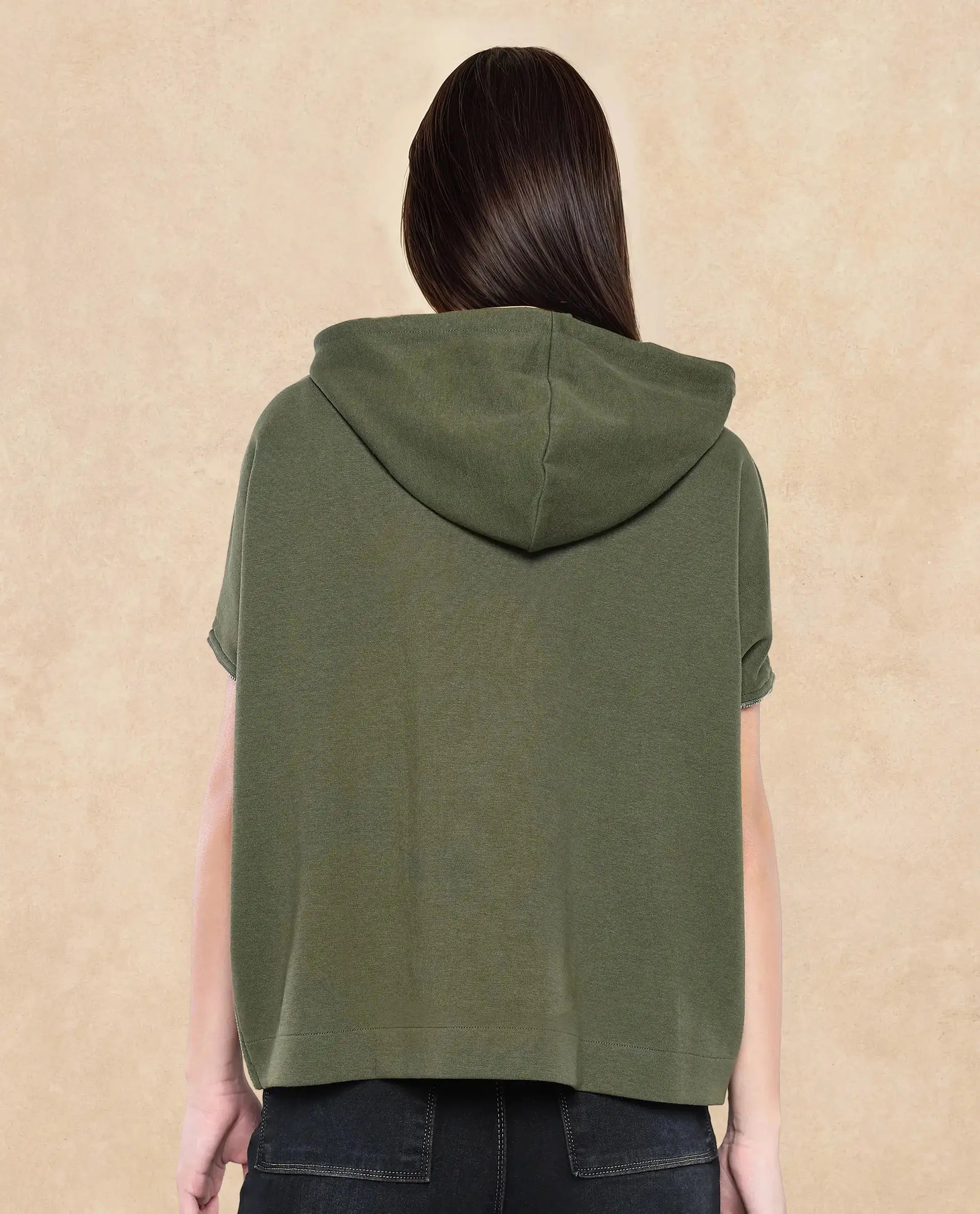 Rareism Women's Matthew Olive Cotton Blend Hooded Plain Extended Sleeves Relaxed Fit Sweatshirt