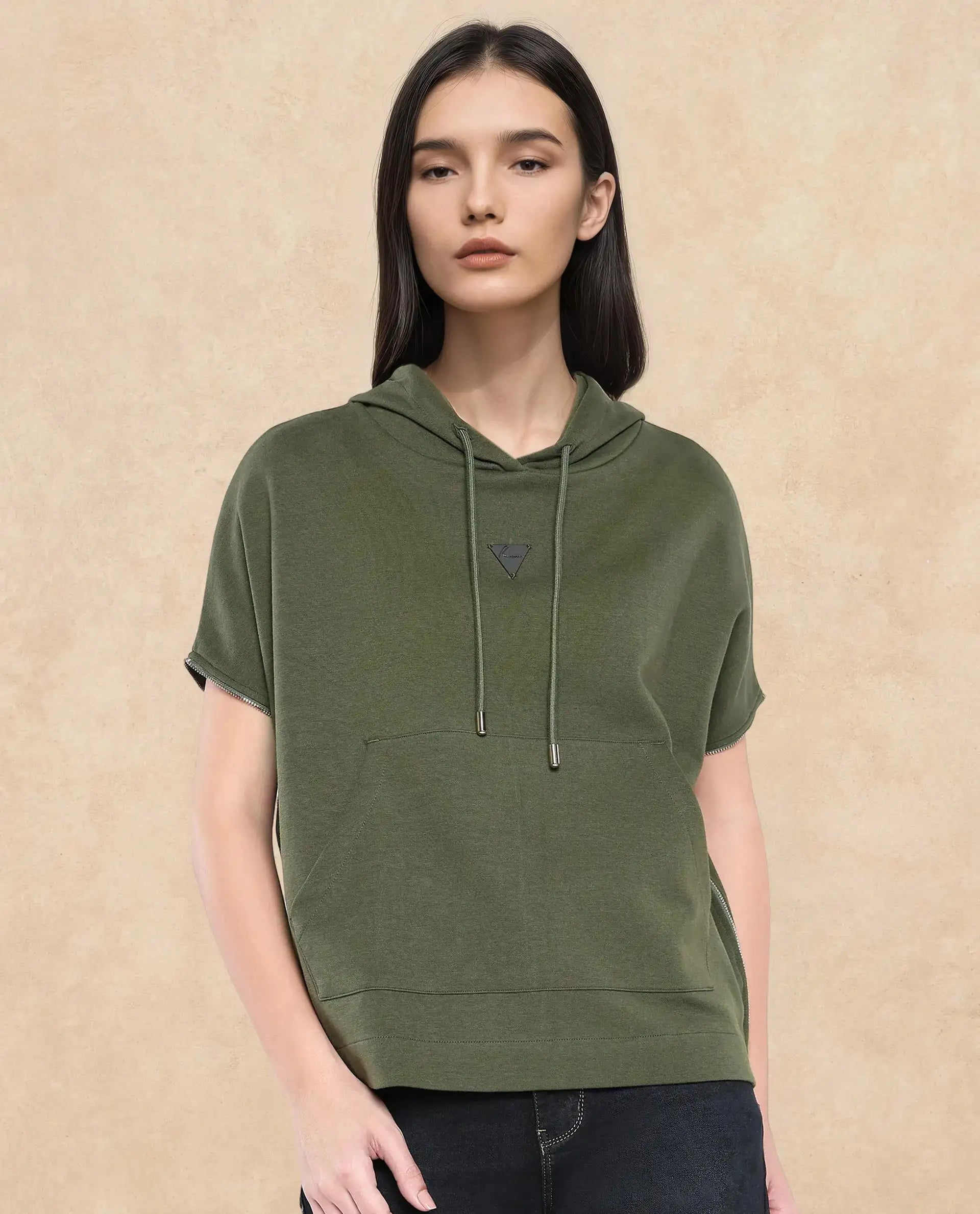 Rareism Women's Matthew Olive Cotton Blend Hooded Plain Extended Sleeves Relaxed Fit Sweatshirt