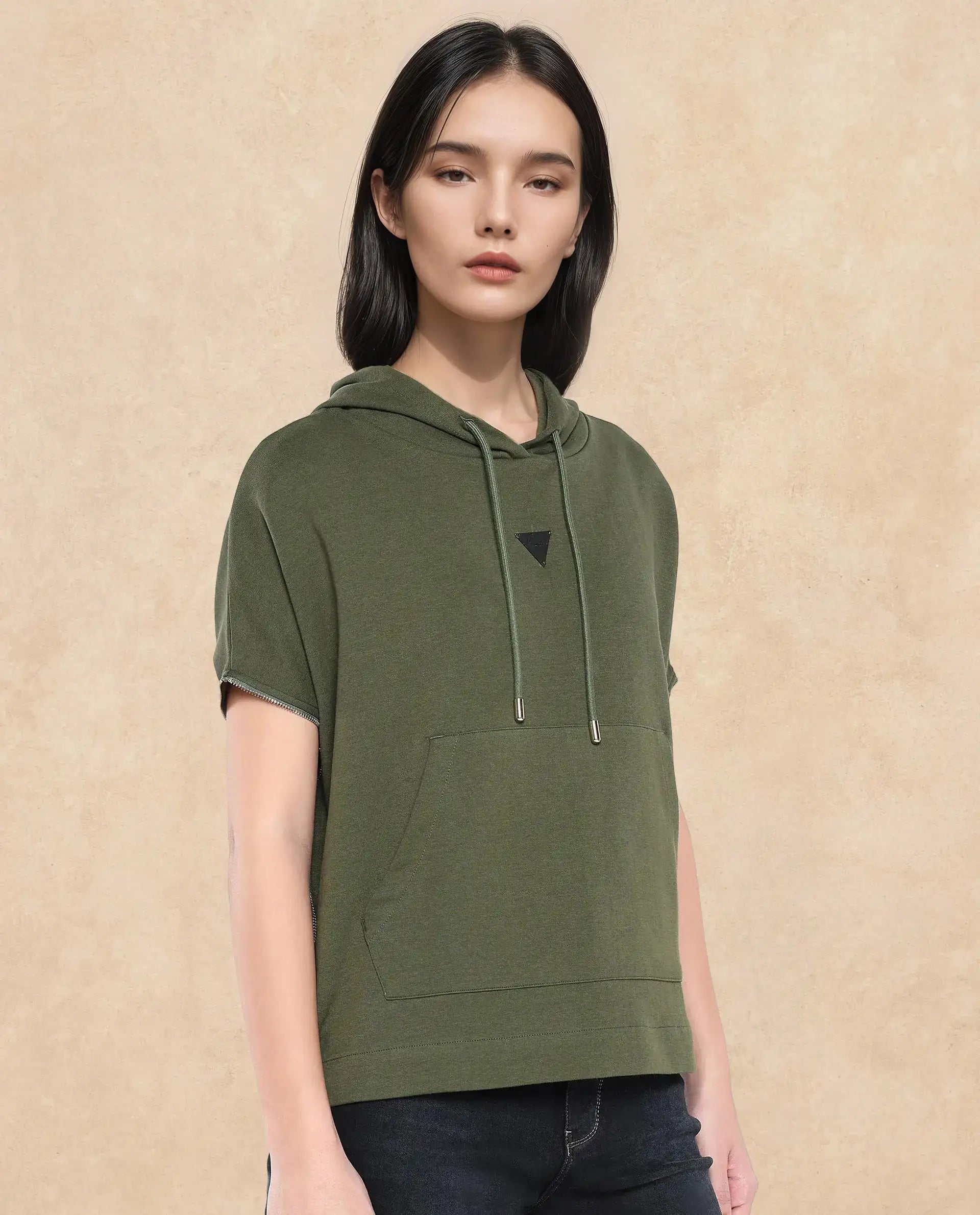 Rareism Women's Matthew Olive Cotton Blend Hooded Plain Extended Sleeves Relaxed Fit Sweatshirt