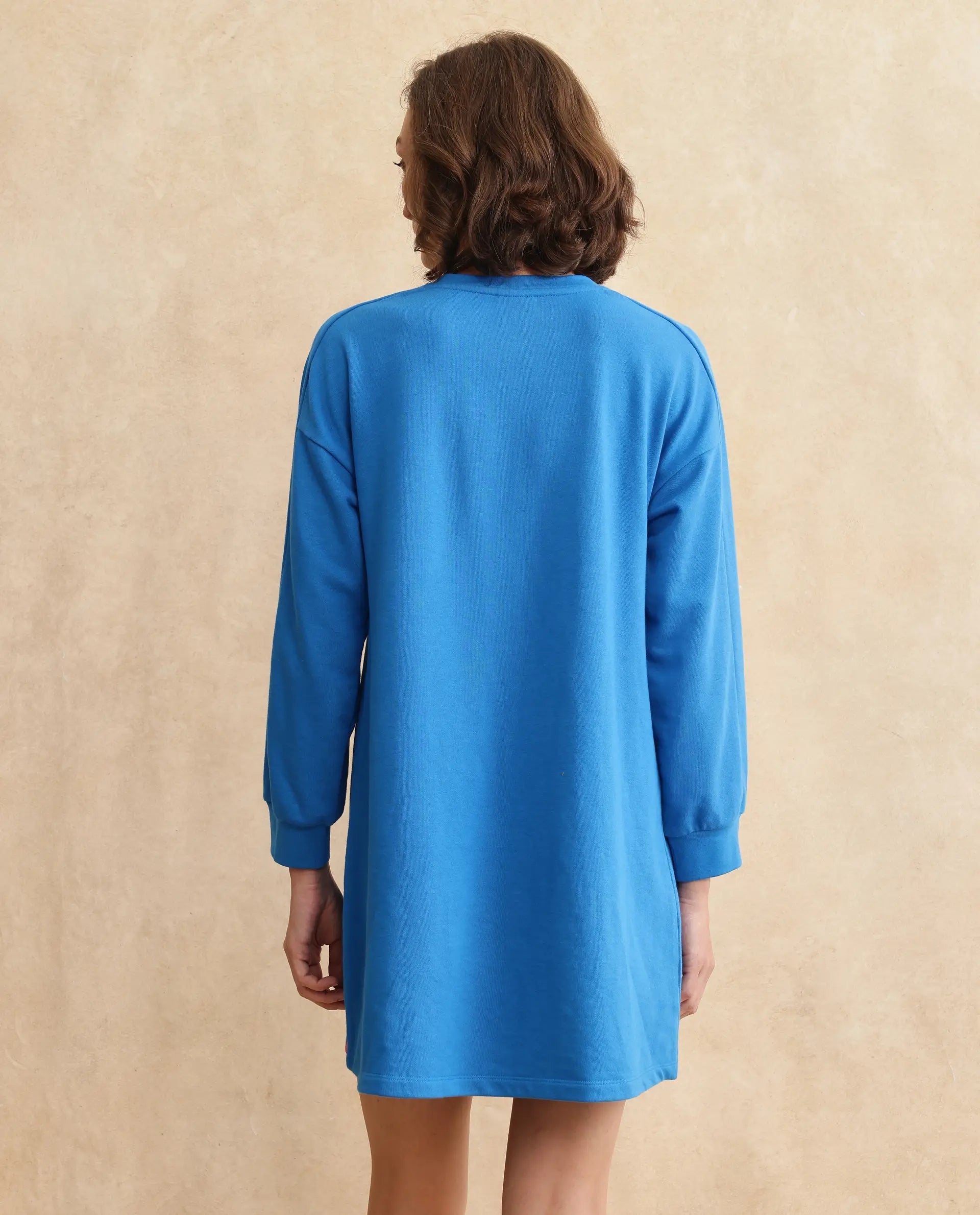 Rareism Women's Mauritz Blue Cotton Blend Crew Neck Plain Knee Length Relaxed Fit Sweatshirt