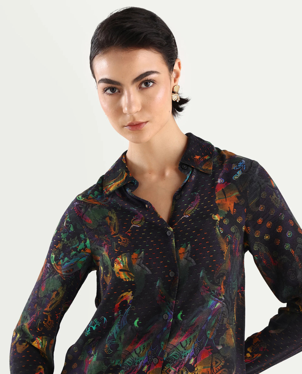 Rareism Women's Mausi Multi Rayon Drop Collar Paisley Print Cuffed Sleeve Regular Fit Shirt