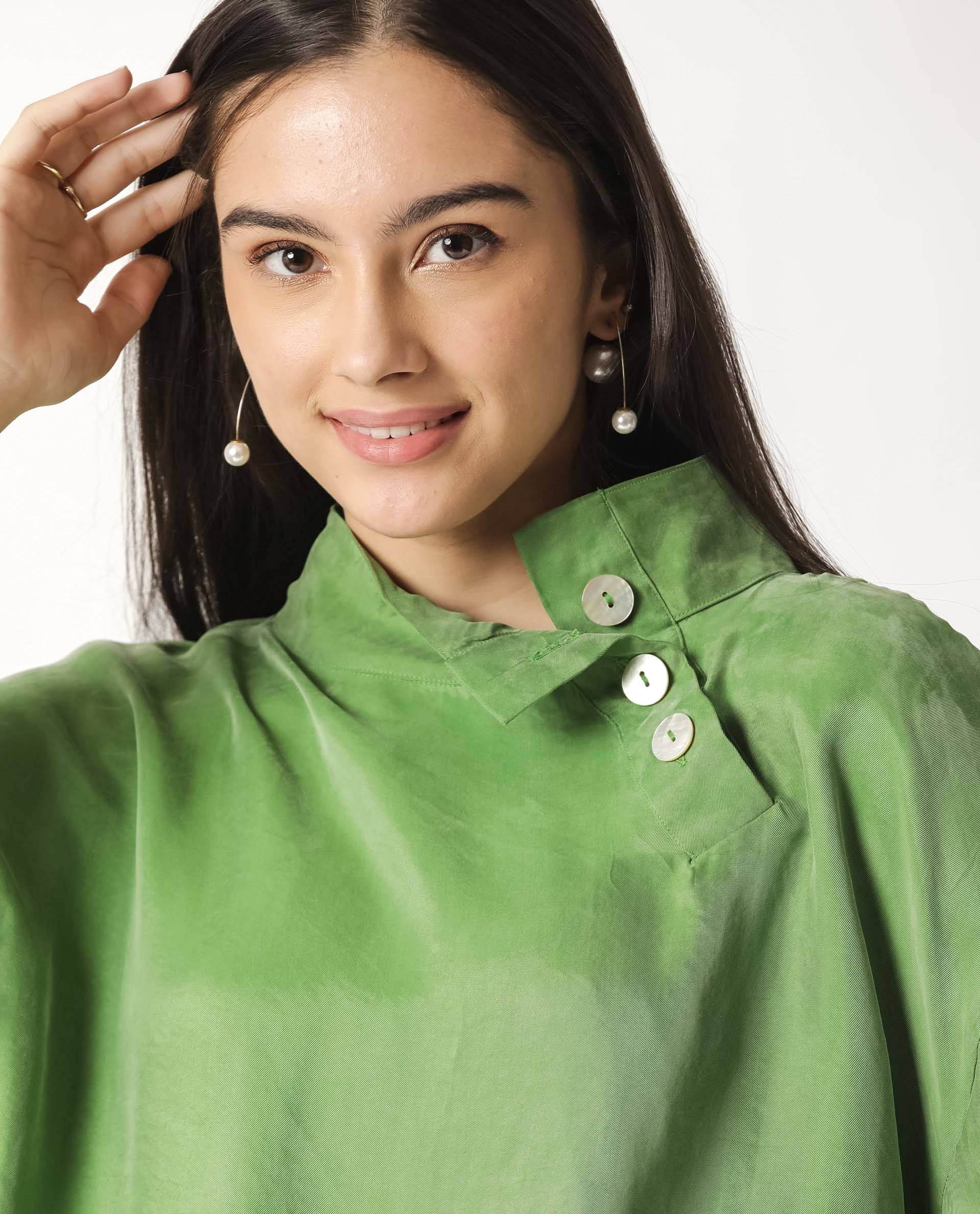 Rareism Womens Mawa Green Top Full Sleeve High Collared