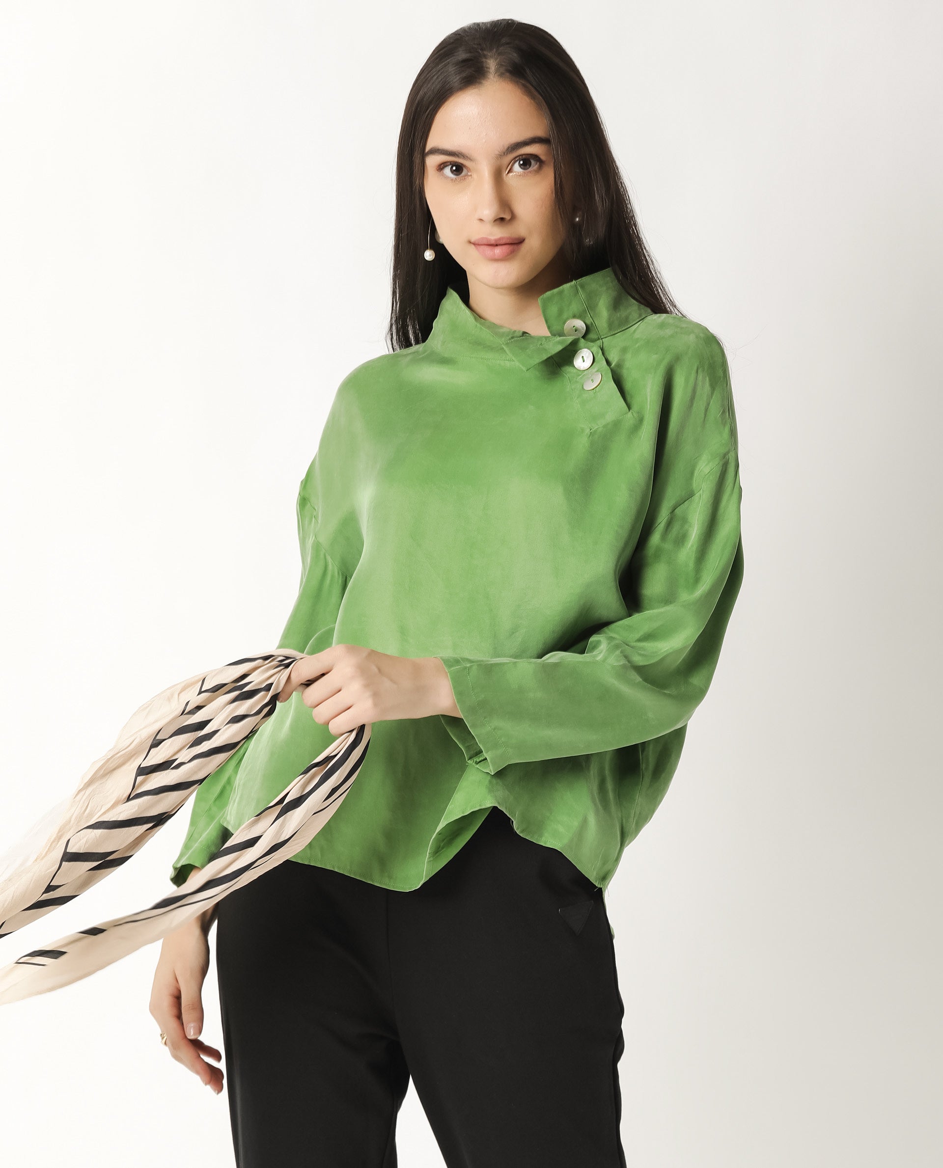 Rareism Womens Mawa Green Top Full Sleeve High Collared