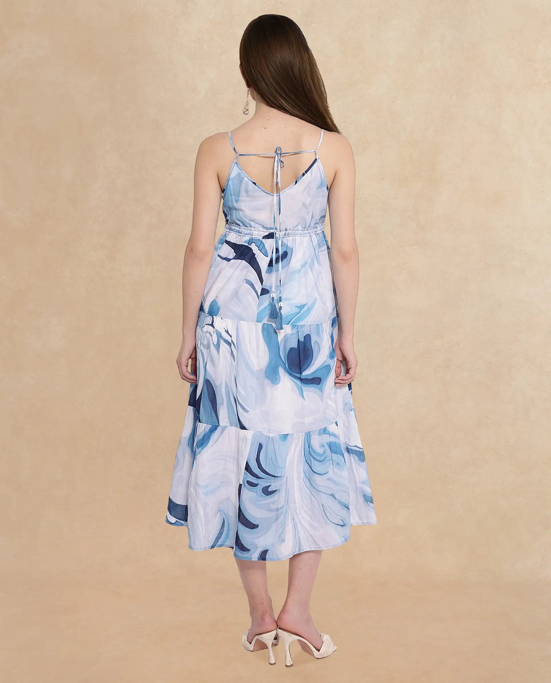 Rareism Women's Maxicalli Blue Cotton Shoulder Strap Abstract Print Shoulder Strap Midi Fit And Flare Dress