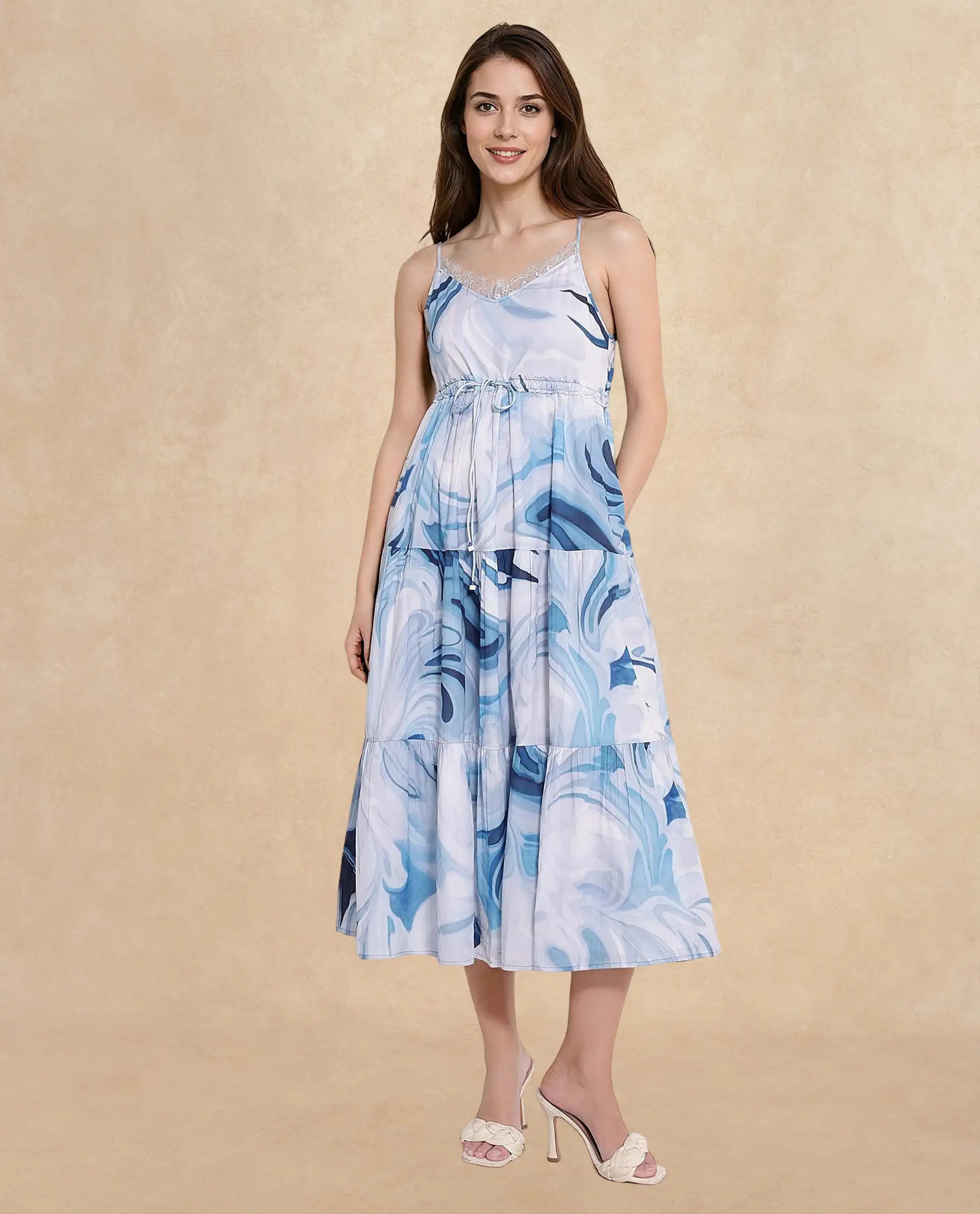 Rareism Women's Maxicalli Blue Cotton Shoulder Strap Abstract Print Shoulder Strap Midi Fit And Flare Dress