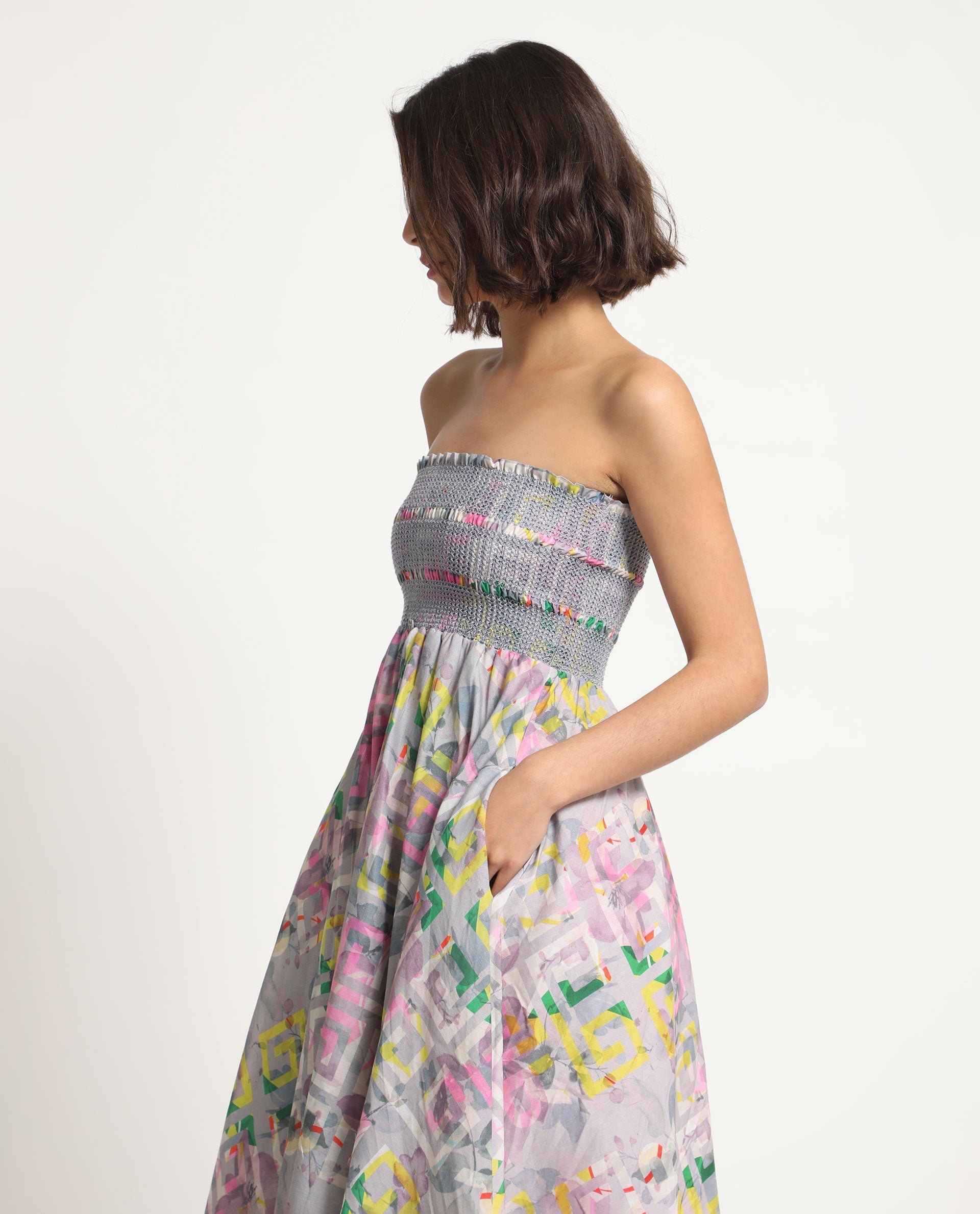 Rareism Women Mazon Multi Cotton Fabric Sleeveless Tube Neck Shoulder Straps Fit And Flare Floral Print Midi Empire Dress